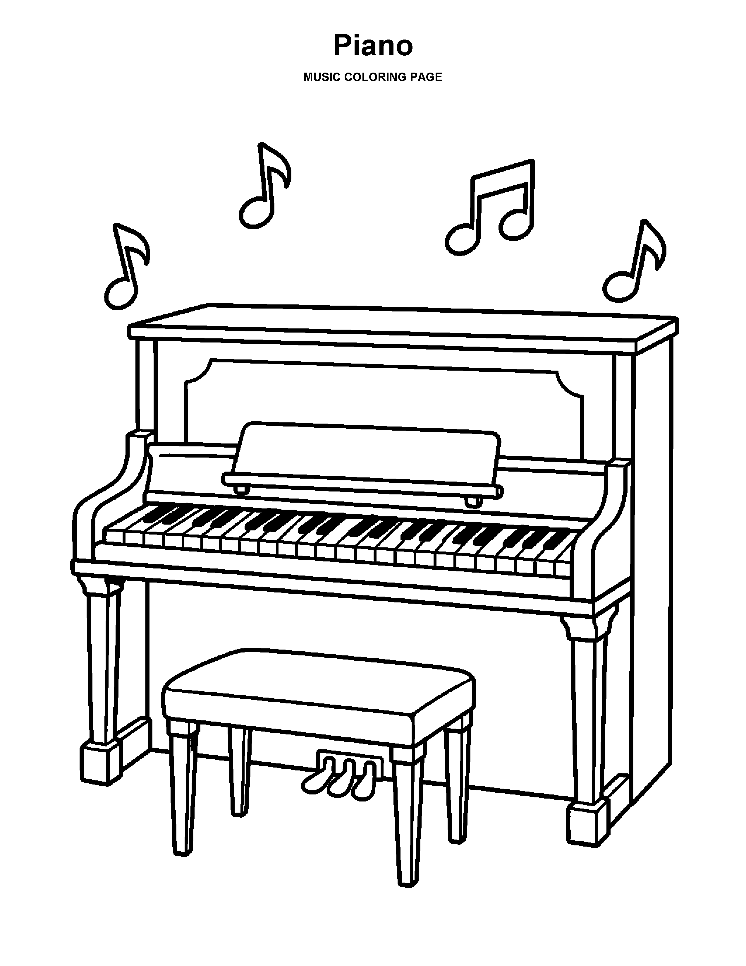 Piano coloring page: An upright piano with a keyboard, bench, and musical notes.