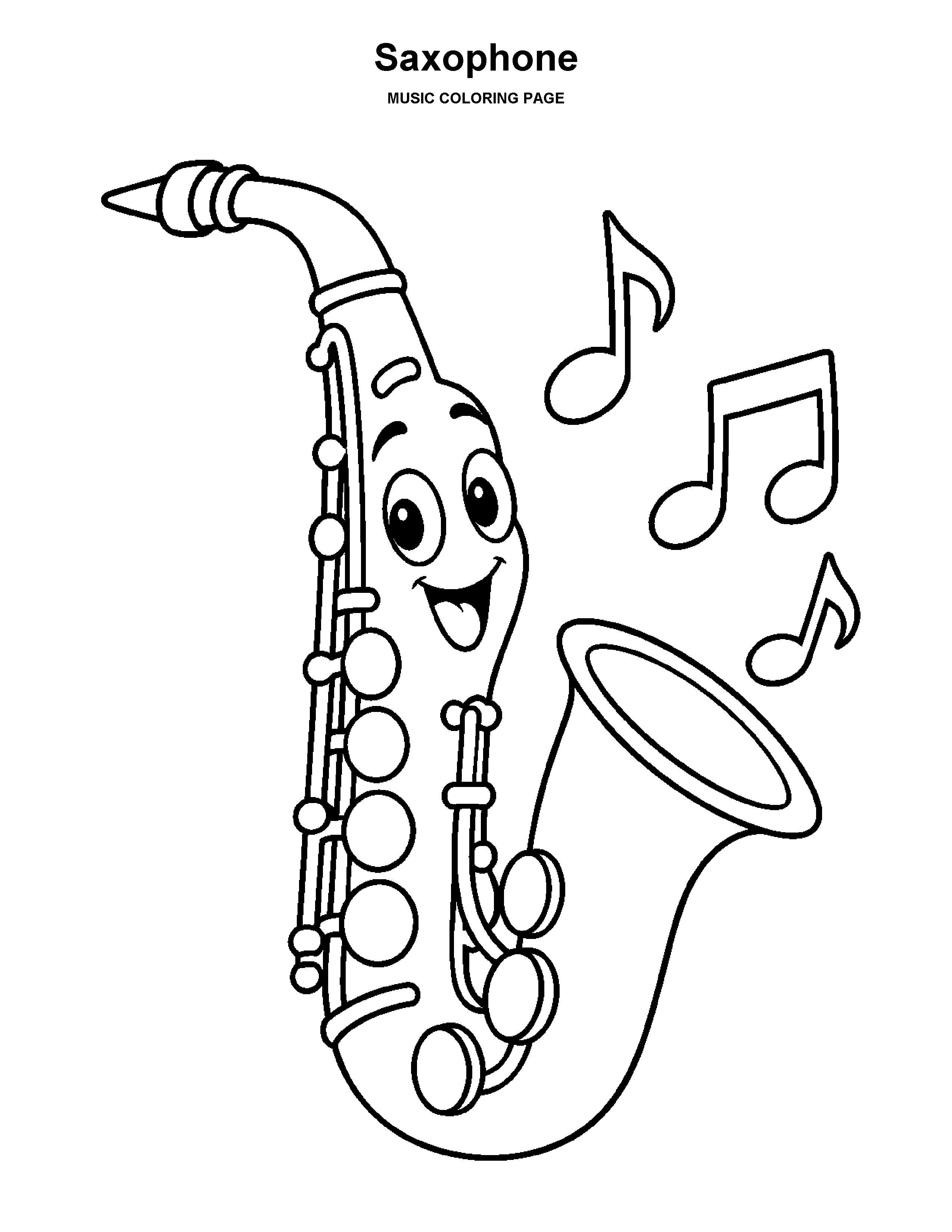 Saxophone coloring page: A friendly saxophone with a curved bell and musical notes.