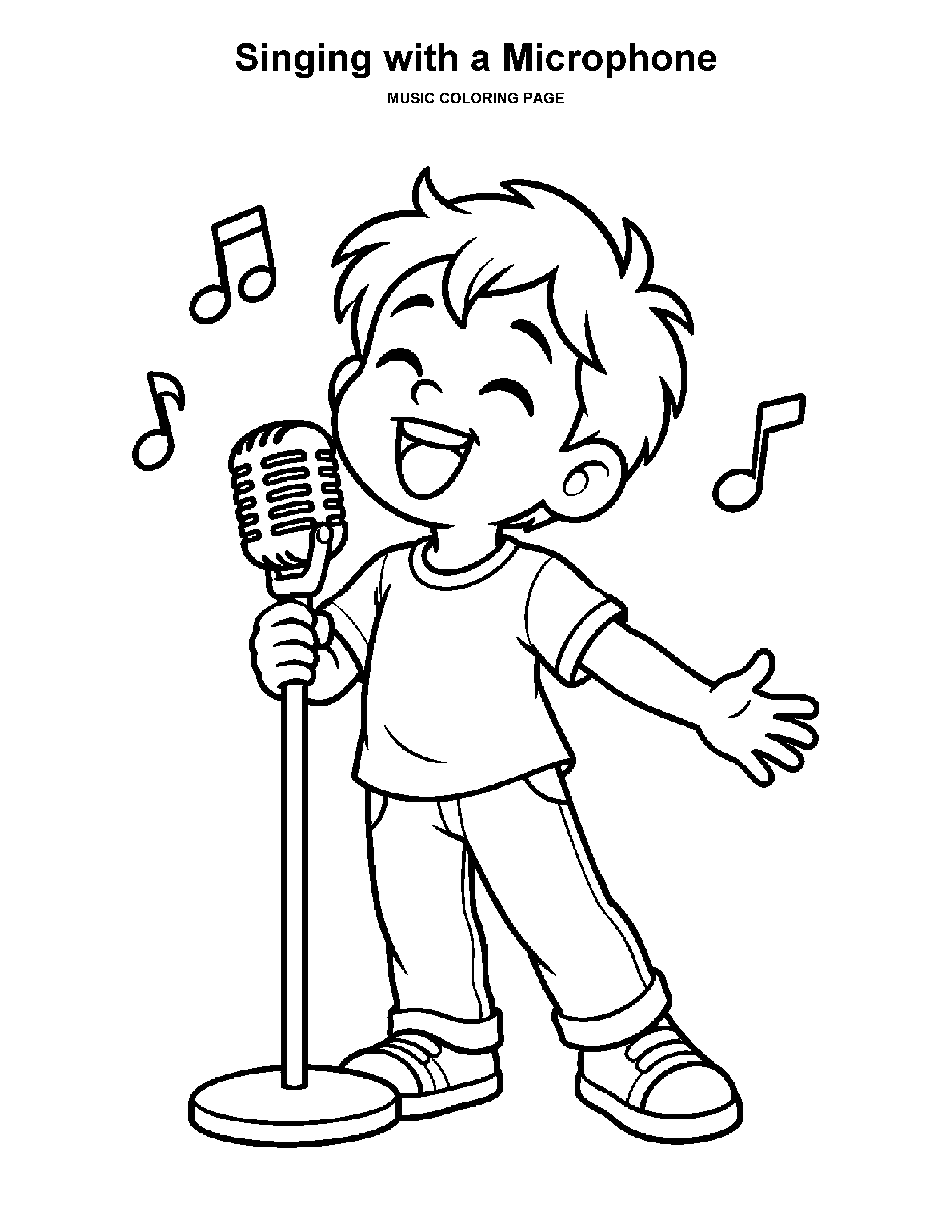 Singing with a Microphone coloring page: A child sings into a microphone on a stand.