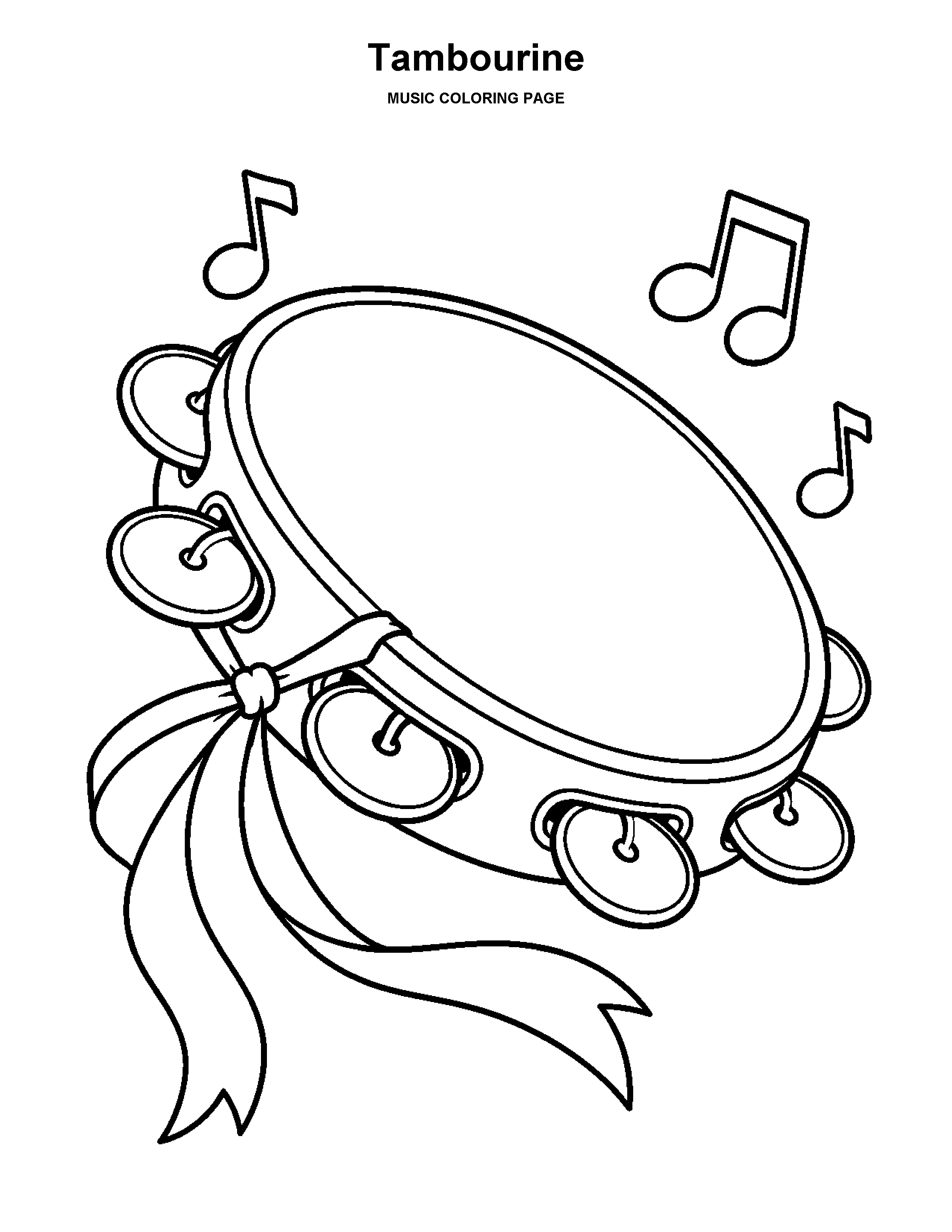 Tambourine coloring page: A tambourine with simple jingles and a ribbon.