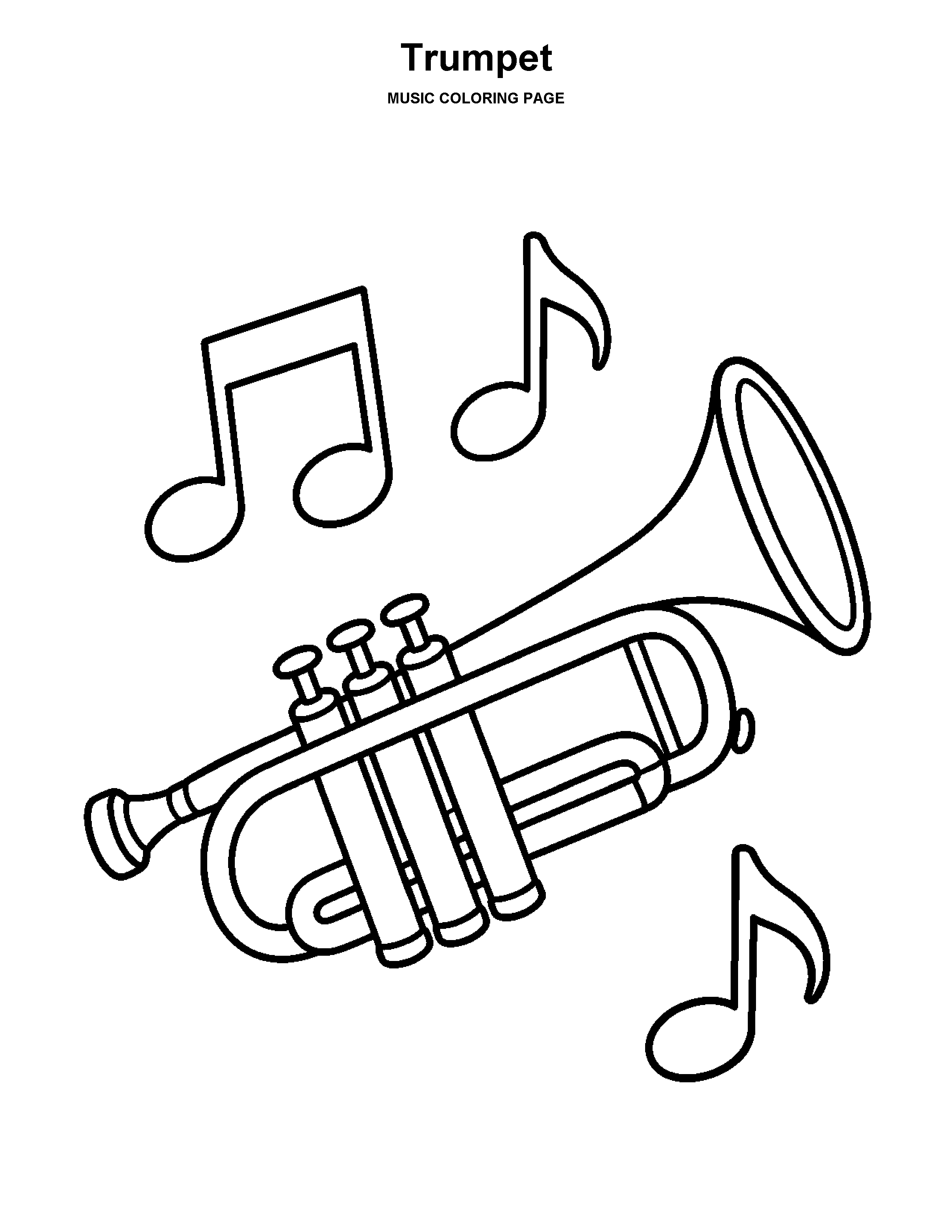 Trumpet coloring page: A trumpet with broad surfaces and floating music notes.