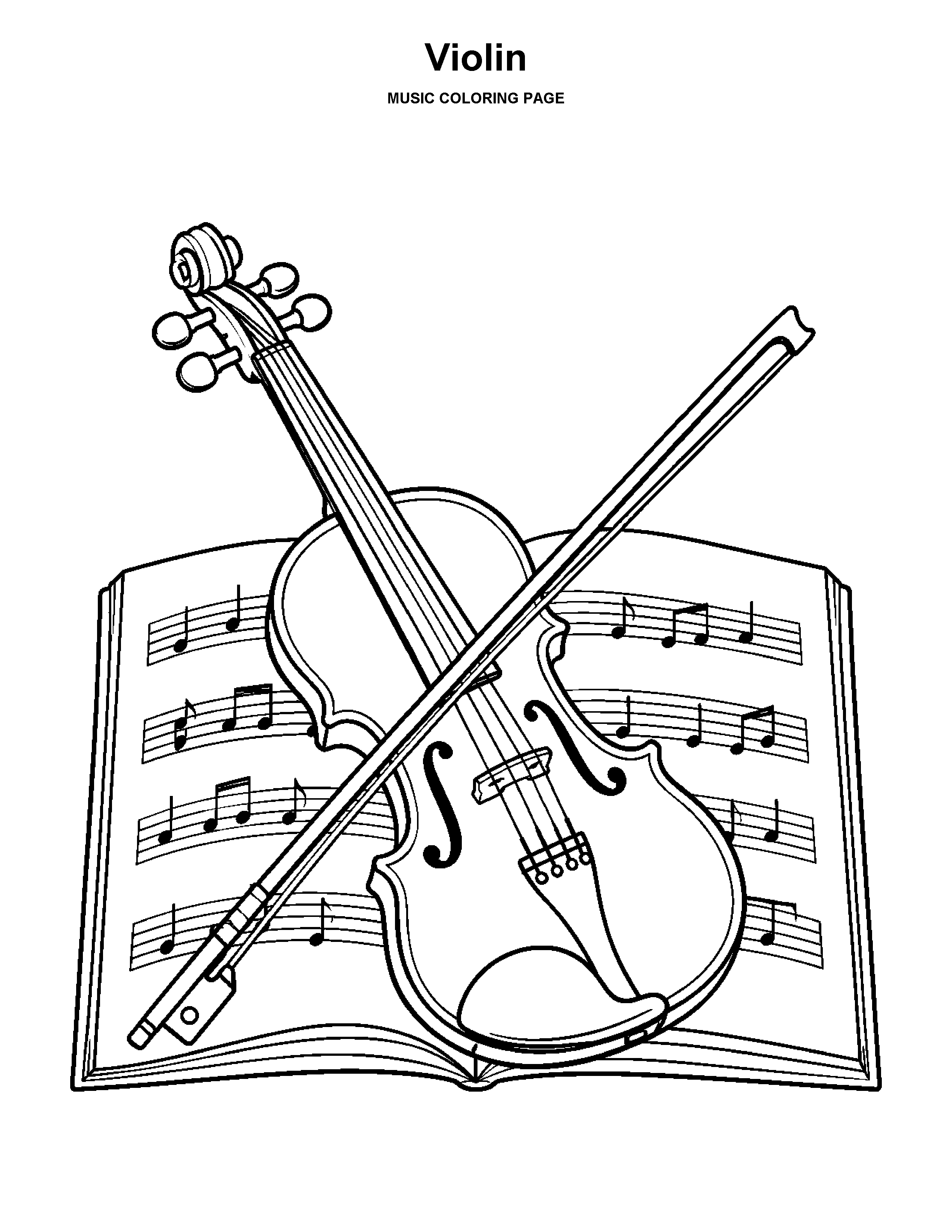 Violin coloring page: A violin and bow resting on an open music book.
