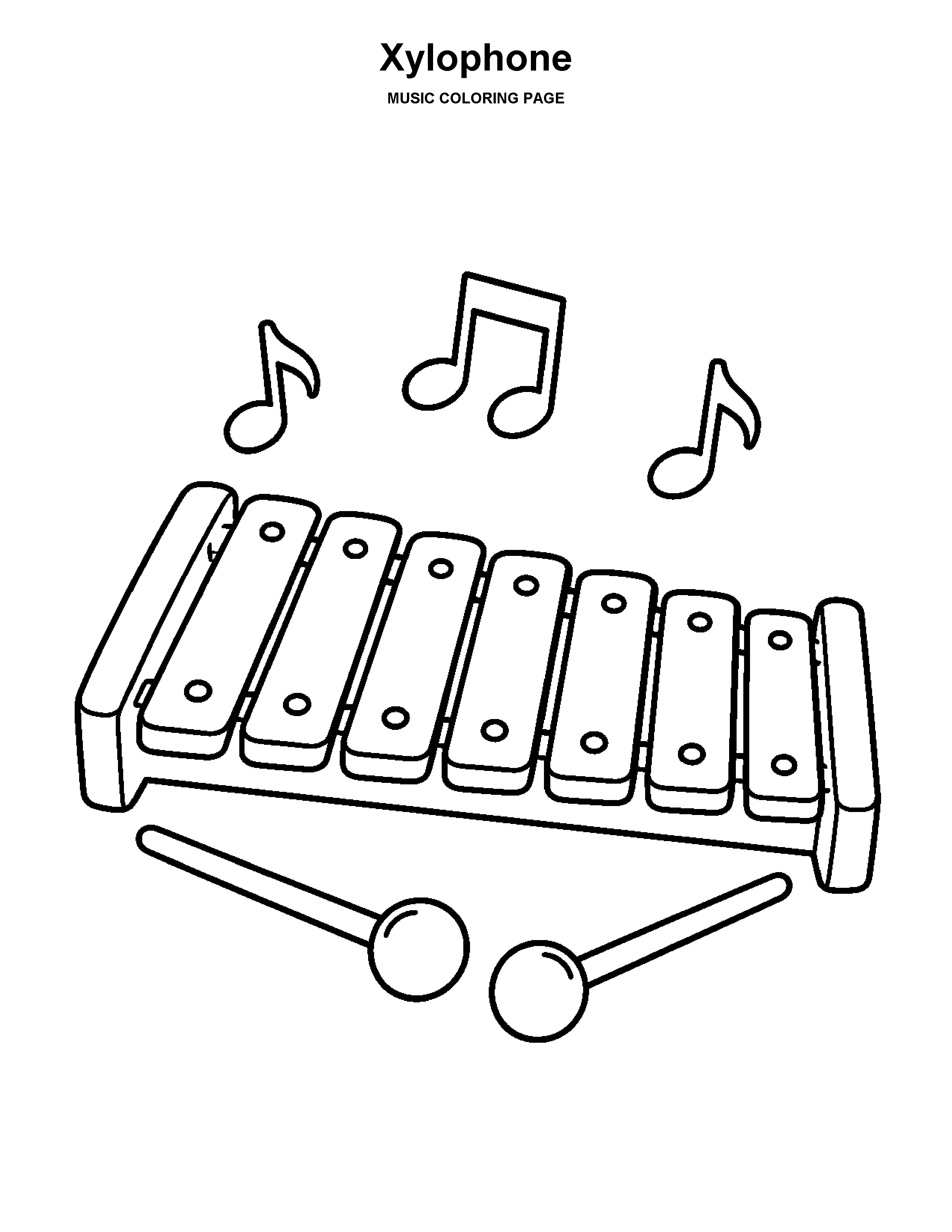 Xylophone coloring page: A xylophone with broad bars and two mallets.
