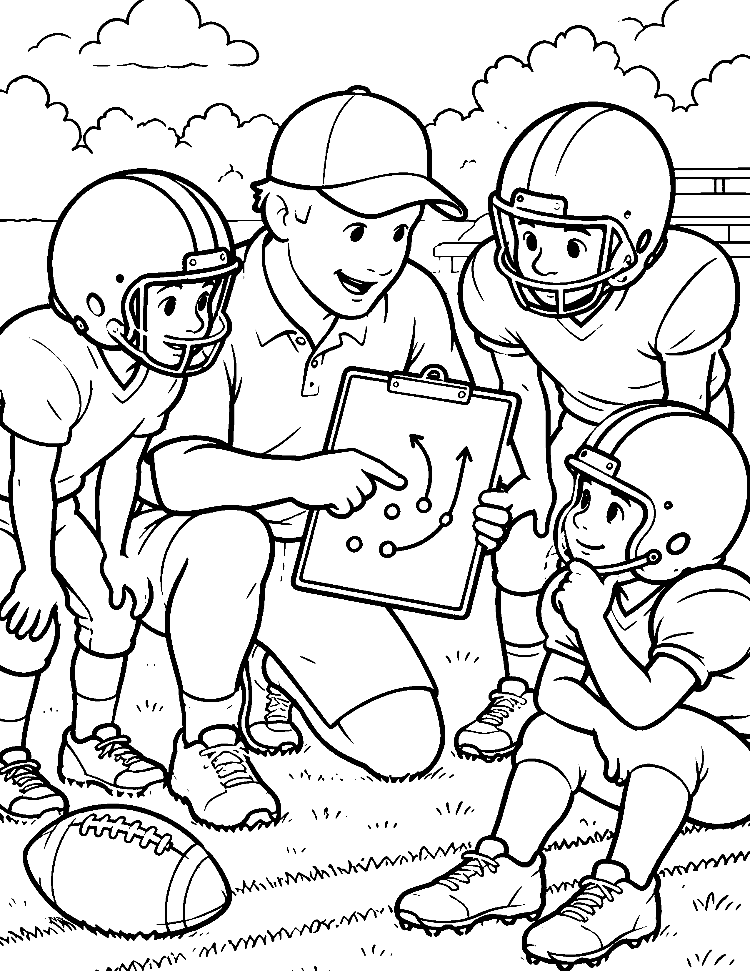 Coach Play Talk black-and-white American football coloring page