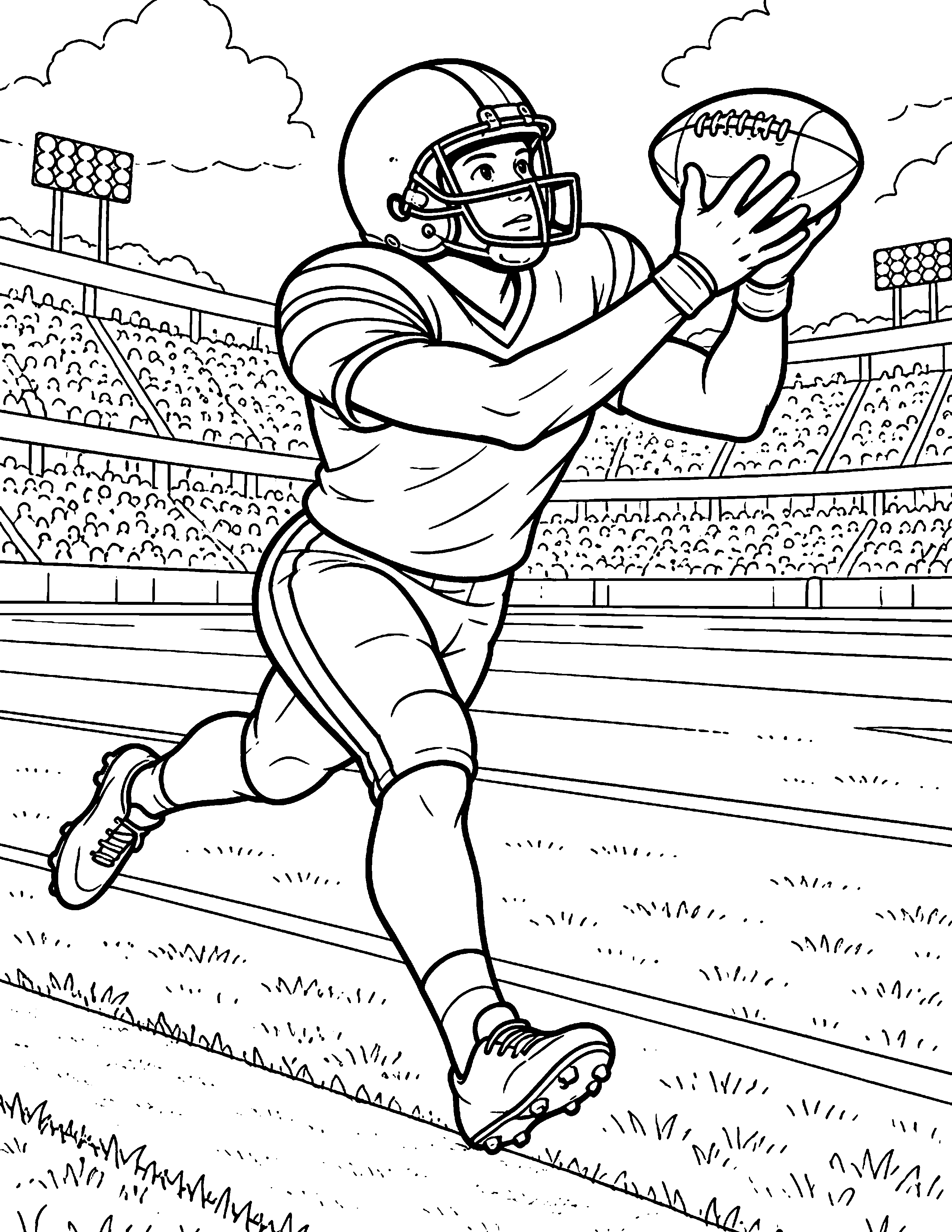 Leaping Catch black-and-white American football coloring page