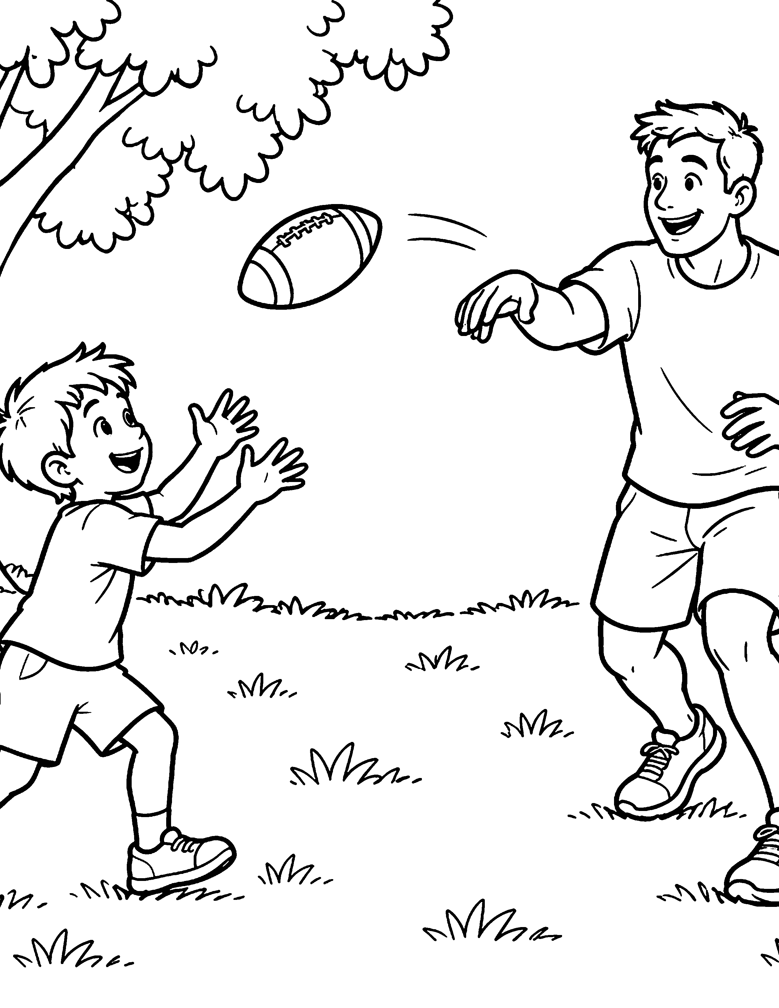 Park Football Toss black-and-white American football coloring page