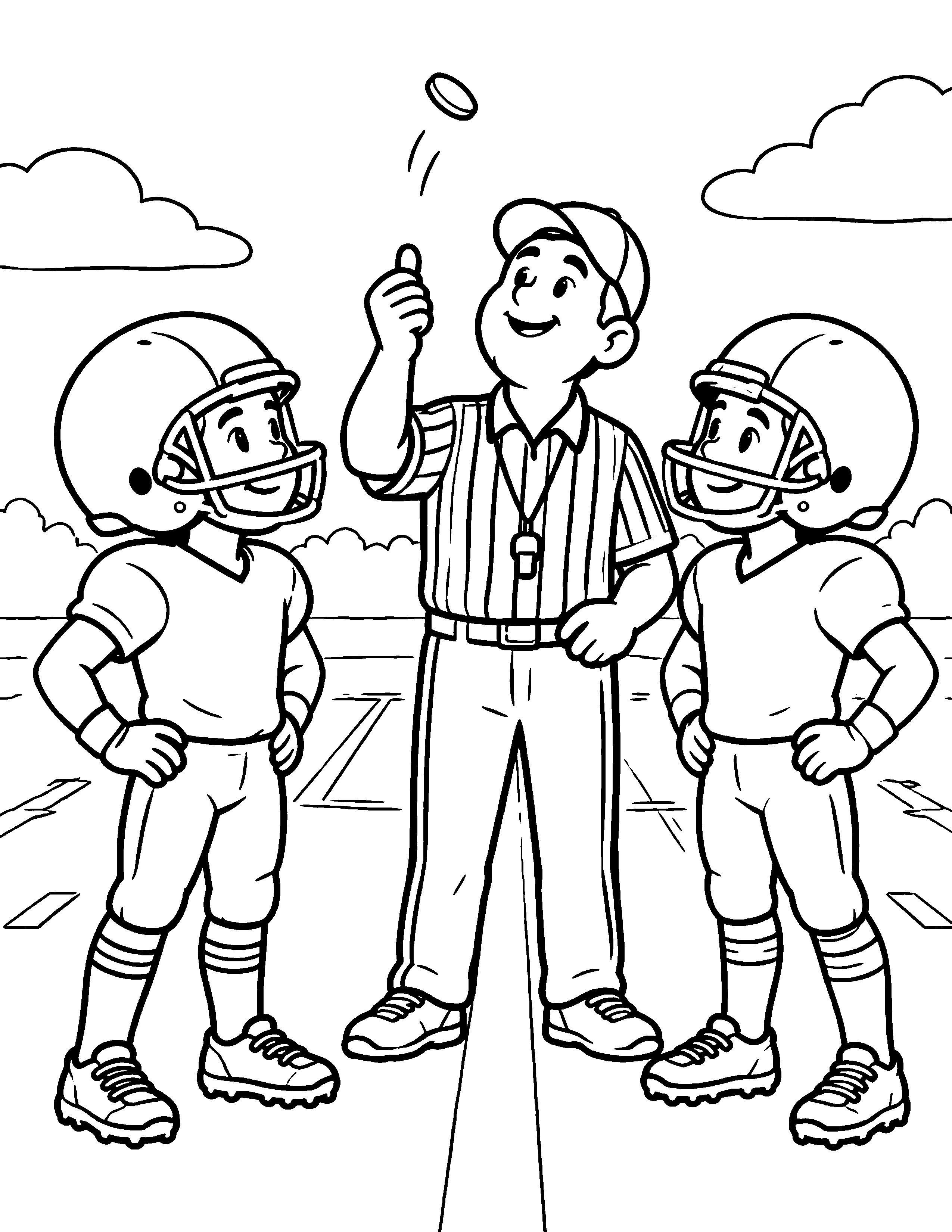Pregame Coin Toss black-and-white American football coloring page