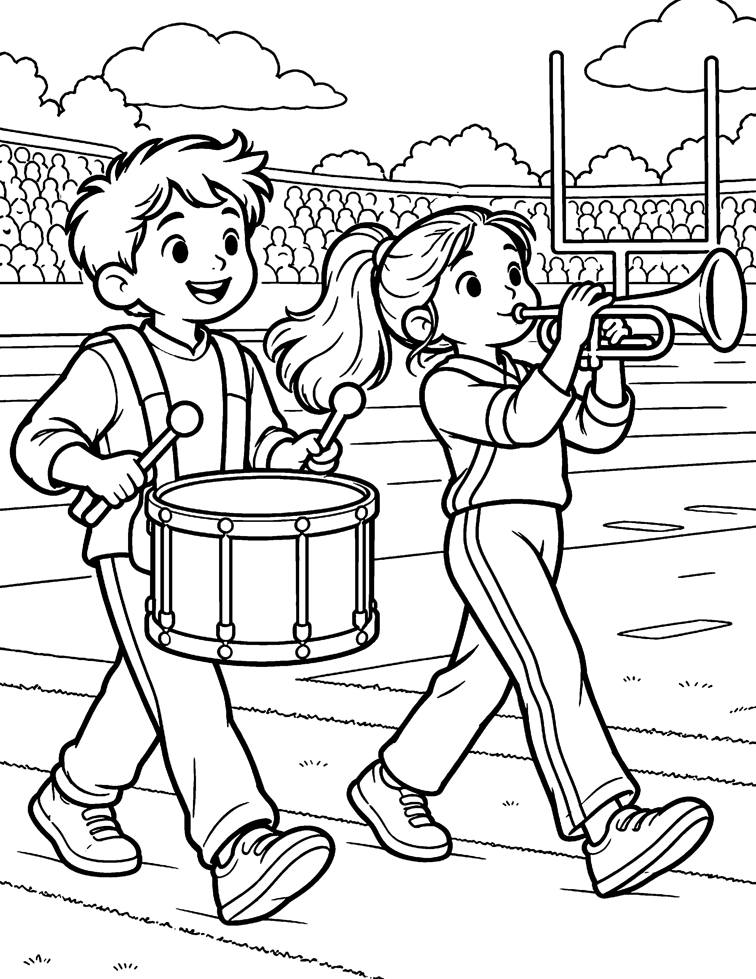 Sideline Pep Band black-and-white American football coloring page