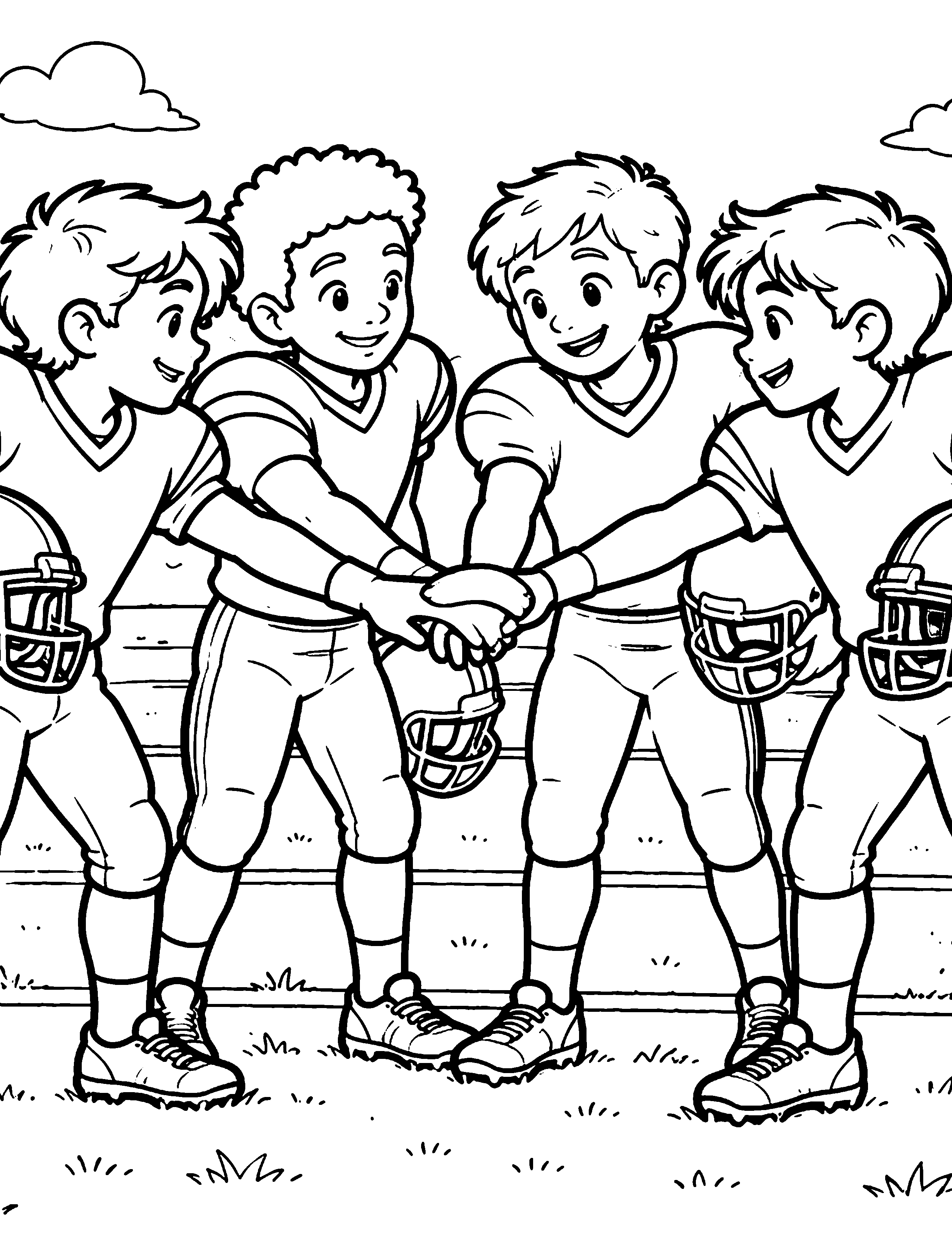 Team Huddle black-and-white American football coloring page