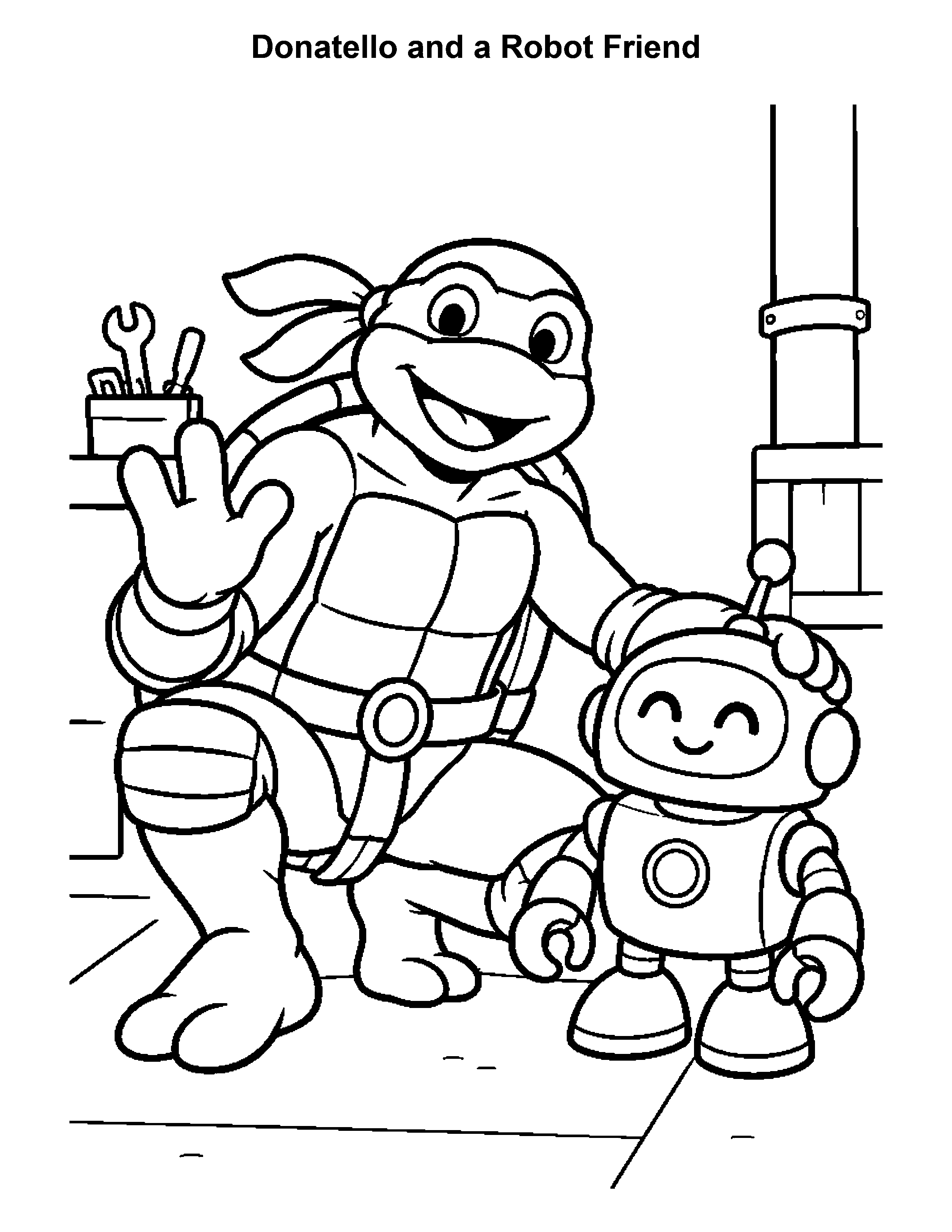 Free printable ninja turtle coloring page: Donatello and a Robot Friend, black and white
