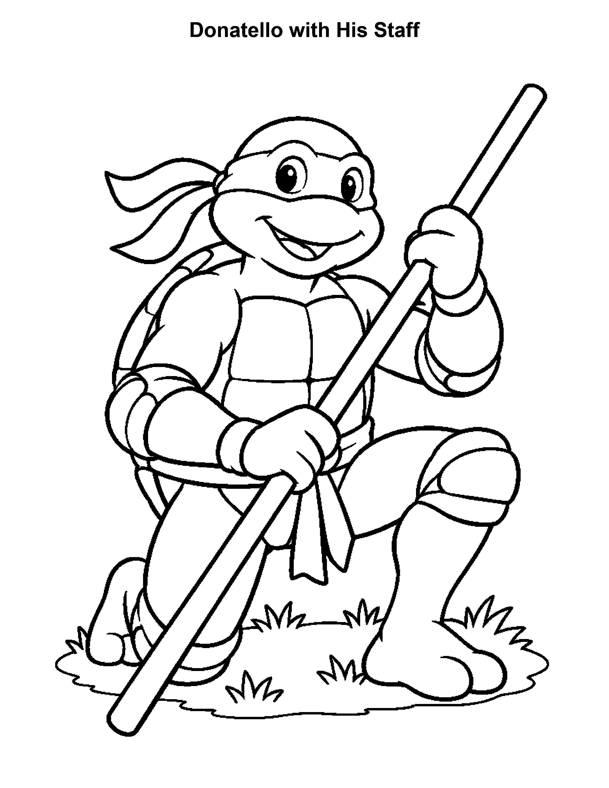 Free printable ninja turtle coloring page: Donatello with His Staff, black and white