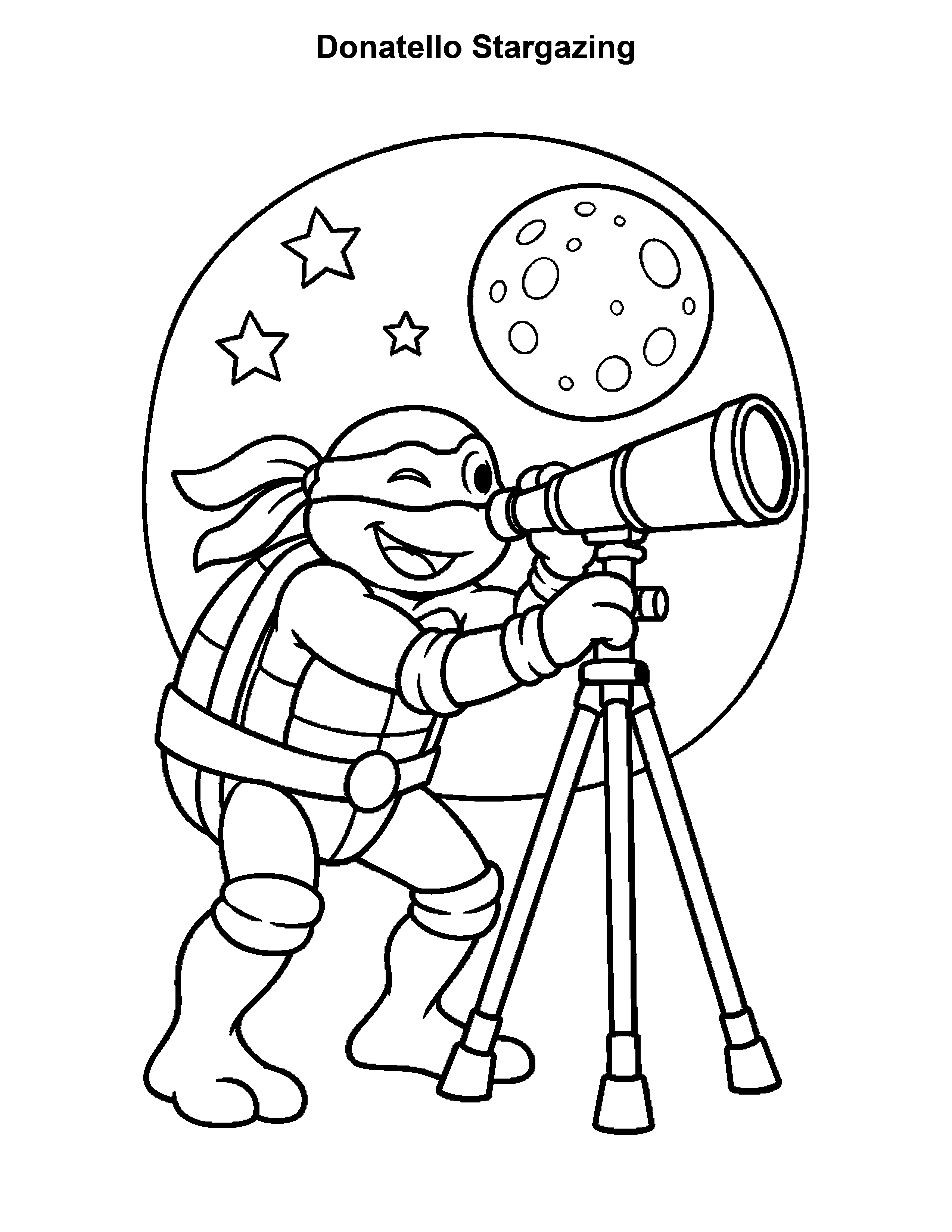 Free printable ninja turtle coloring page: Donatello Stargazing, black and white