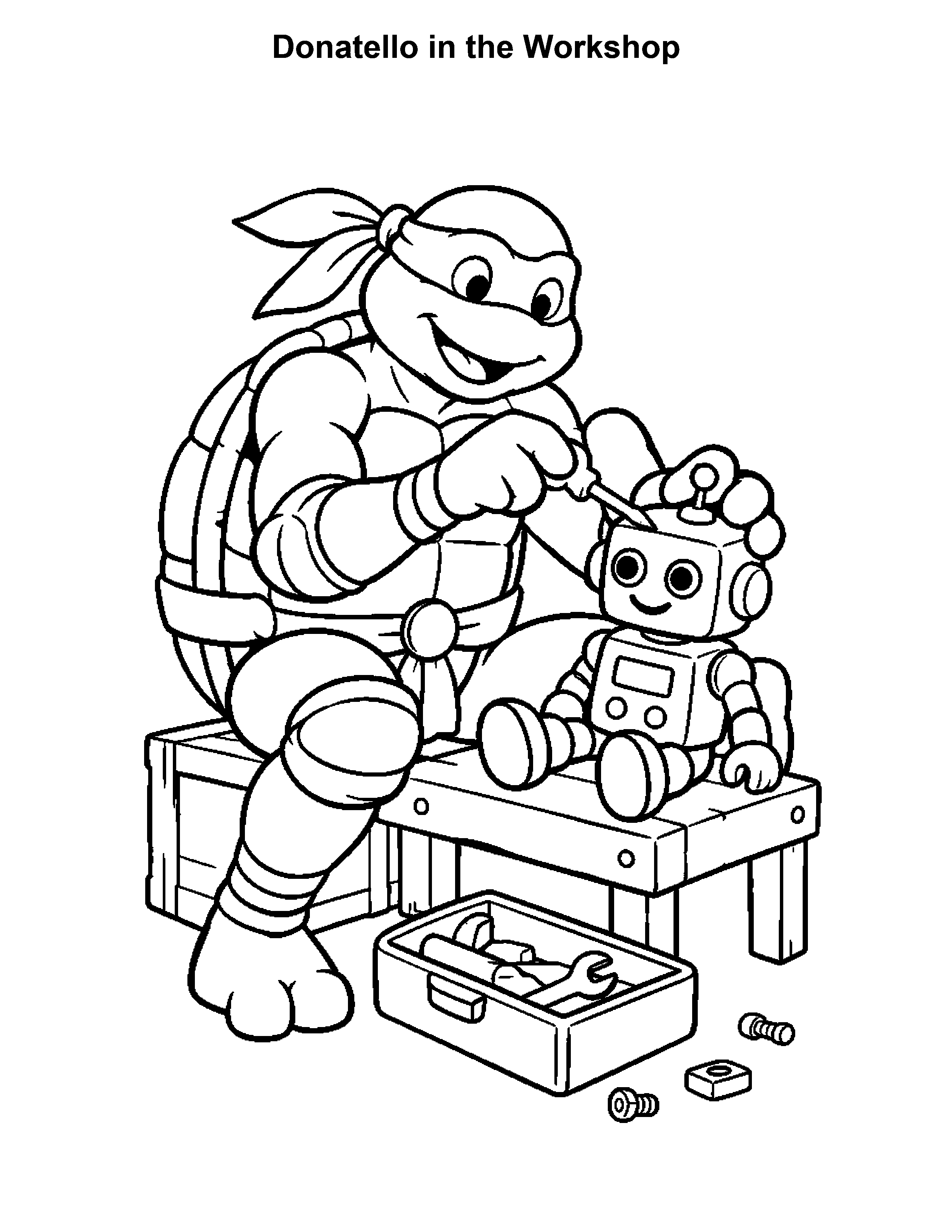 Free printable ninja turtle coloring page: Donatello in the Workshop, black and white