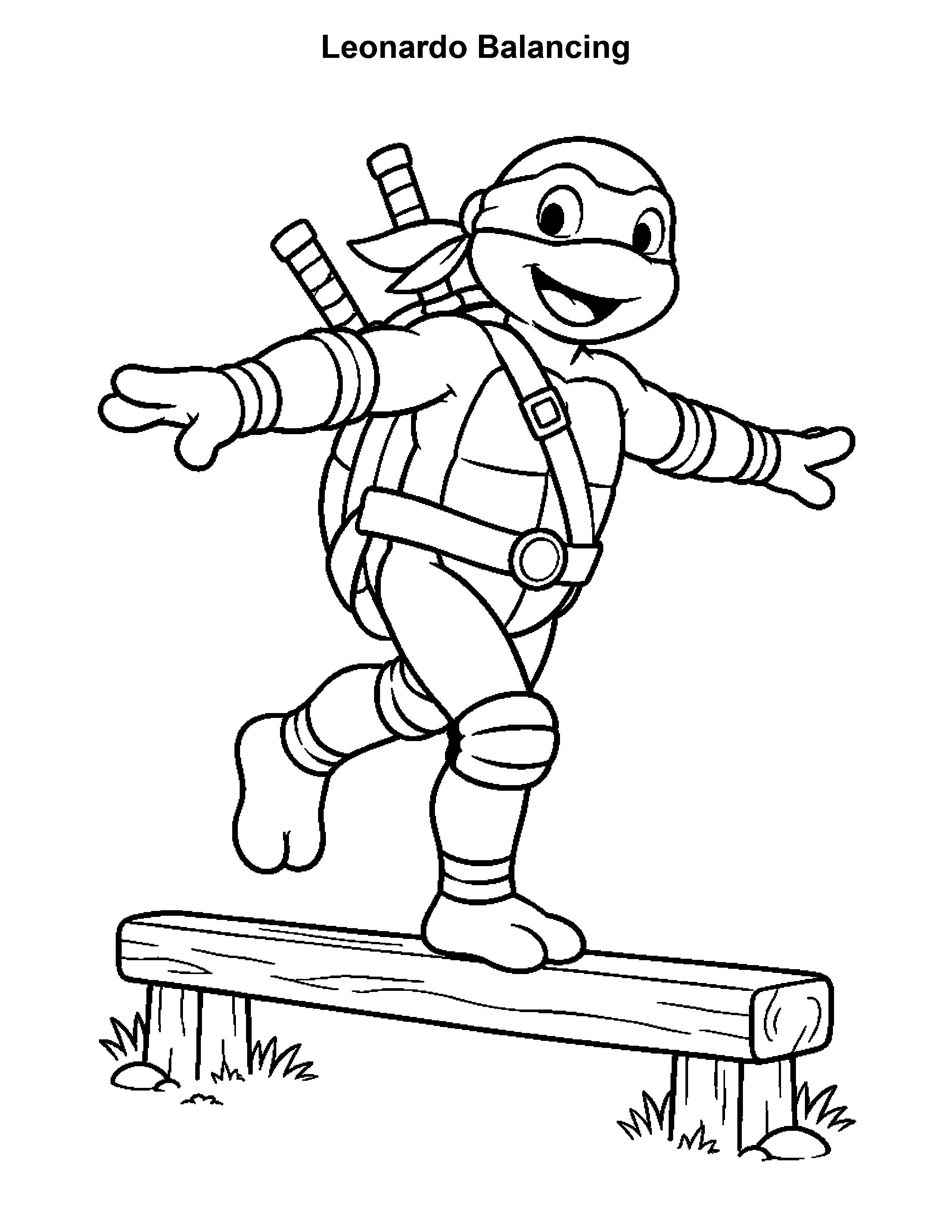 Free printable ninja turtle coloring page: Leonardo Balancing, black and white