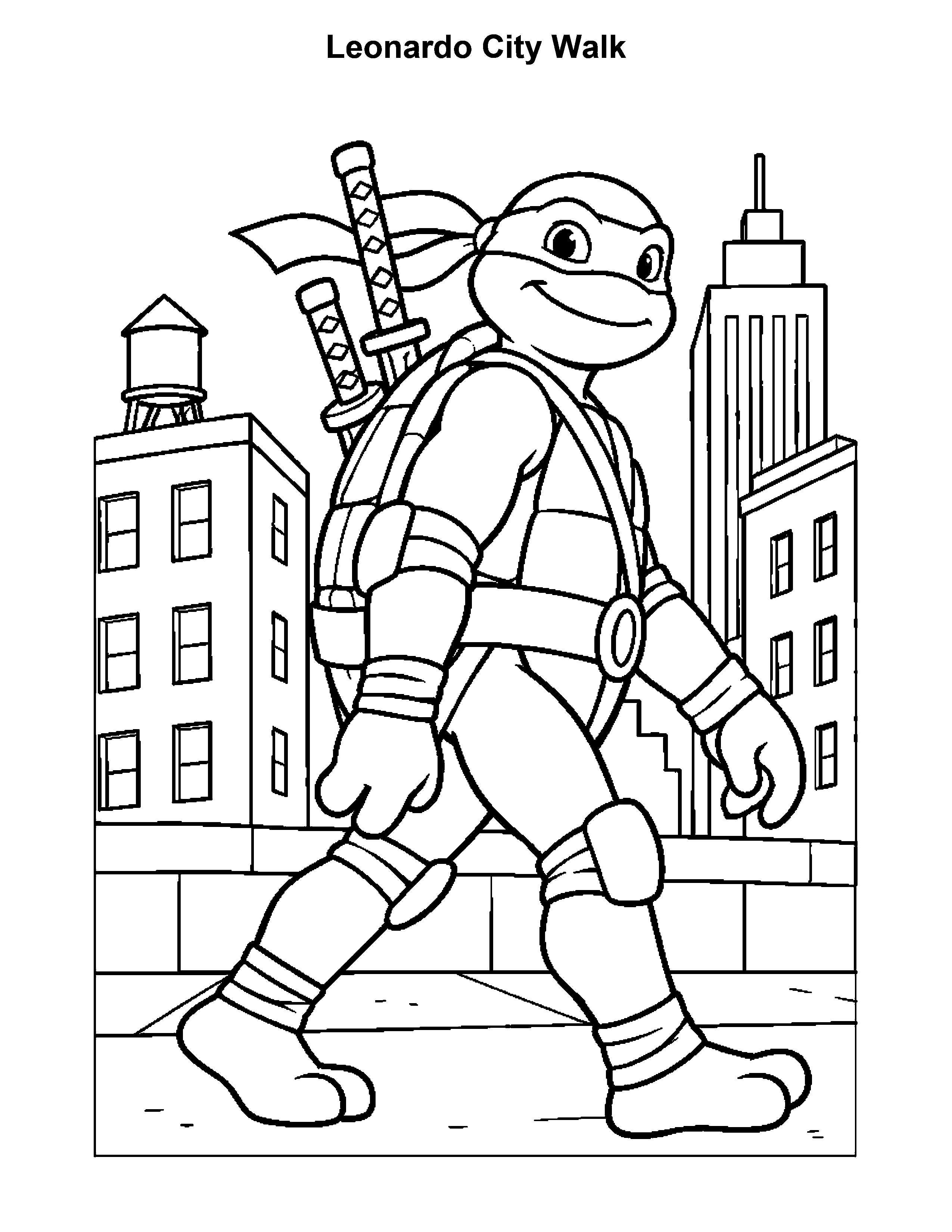 Free printable ninja turtle coloring page: Leonardo City Walk, black and white