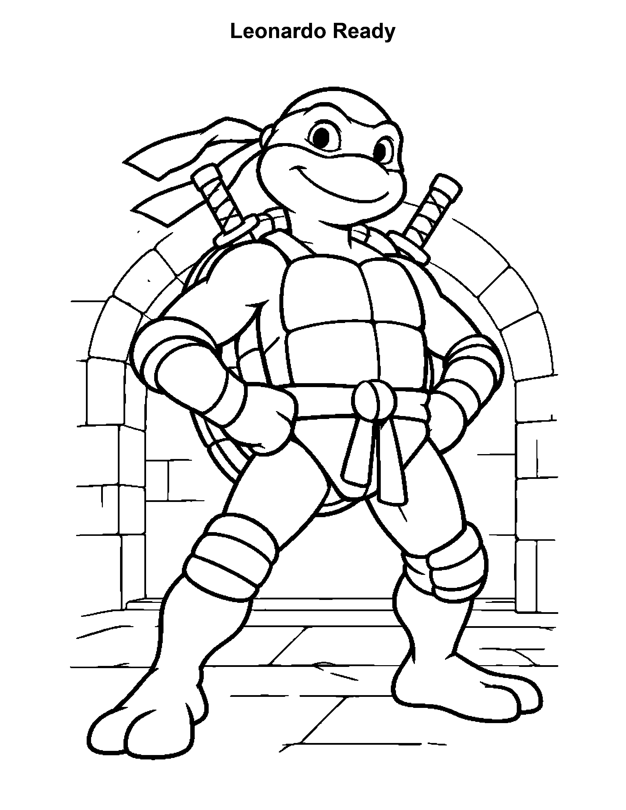 Free printable ninja turtle coloring page: Leonardo Ready, black and white