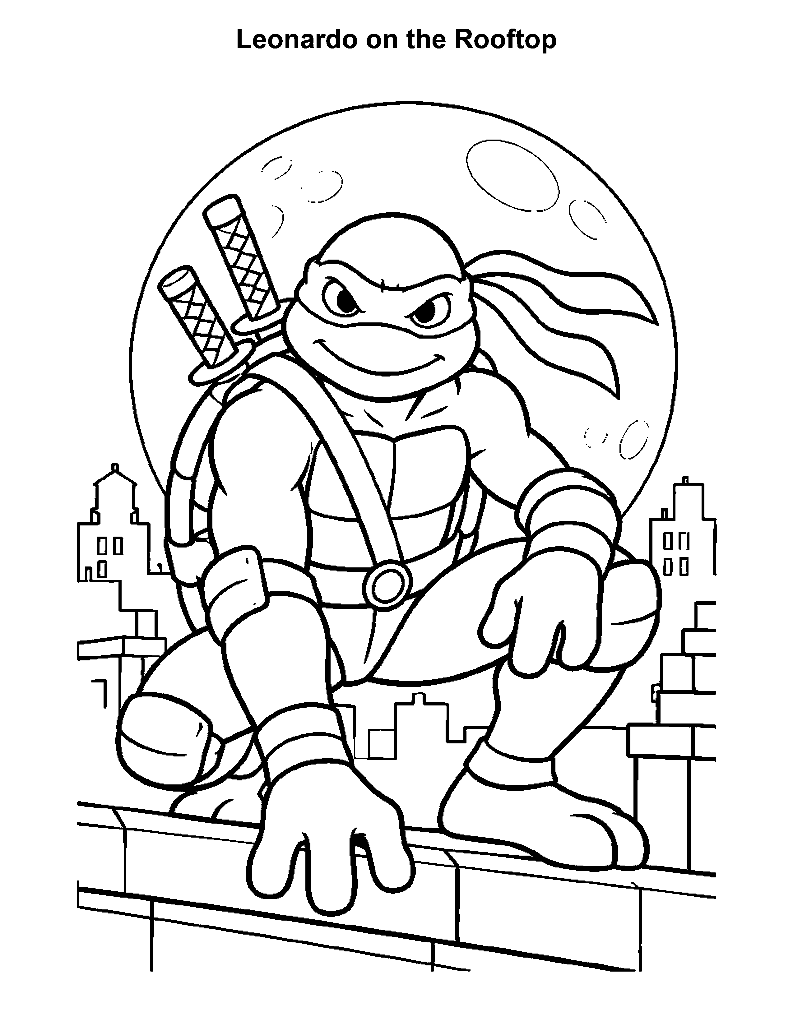Free printable ninja turtle coloring page: Leonardo on the Rooftop, black and white