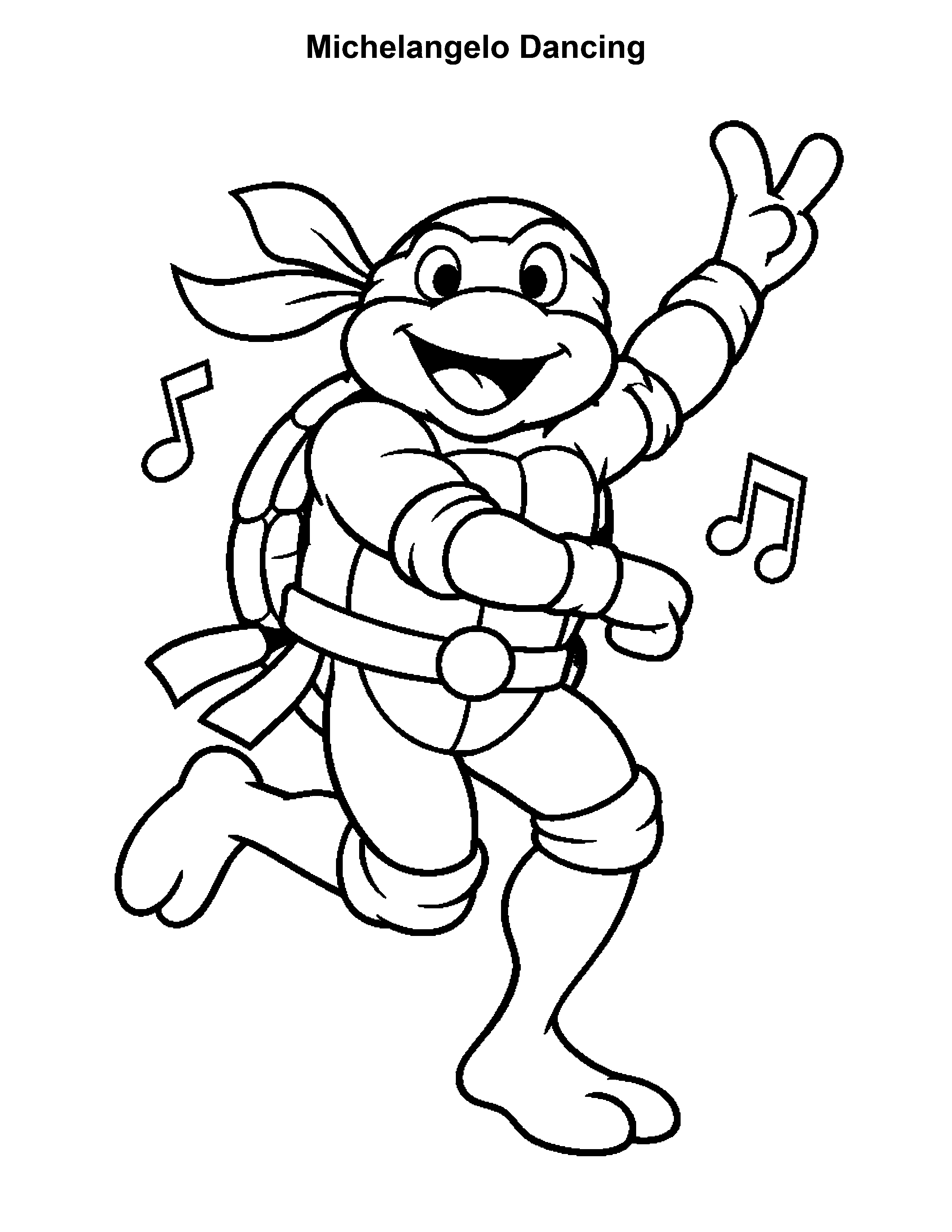 Free printable ninja turtle coloring page: Michelangelo Dancing, black and white
