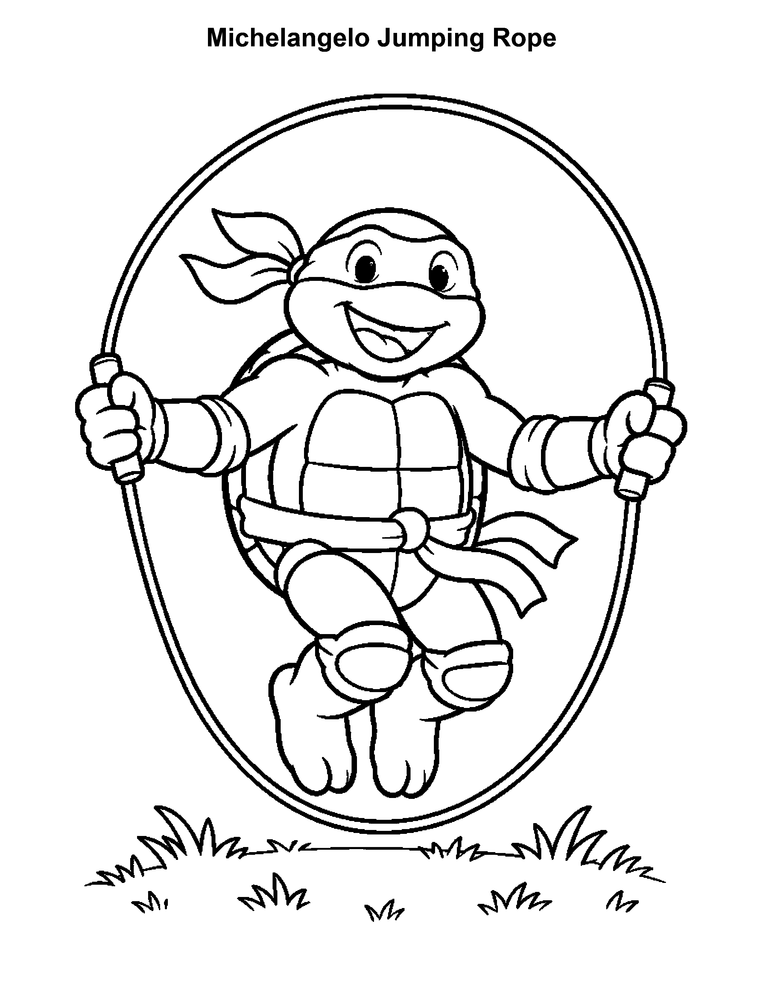 Free printable ninja turtle coloring page: Michelangelo Jumping Rope, black and white