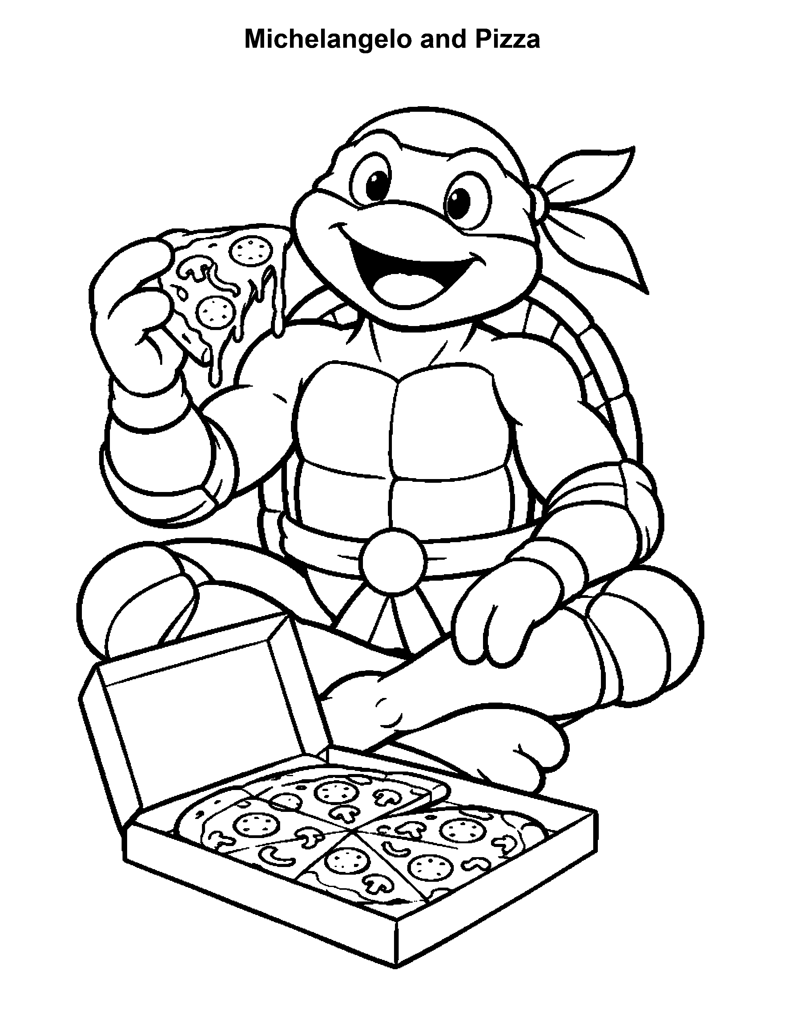 Free printable ninja turtle coloring page: Michelangelo and Pizza, black and white