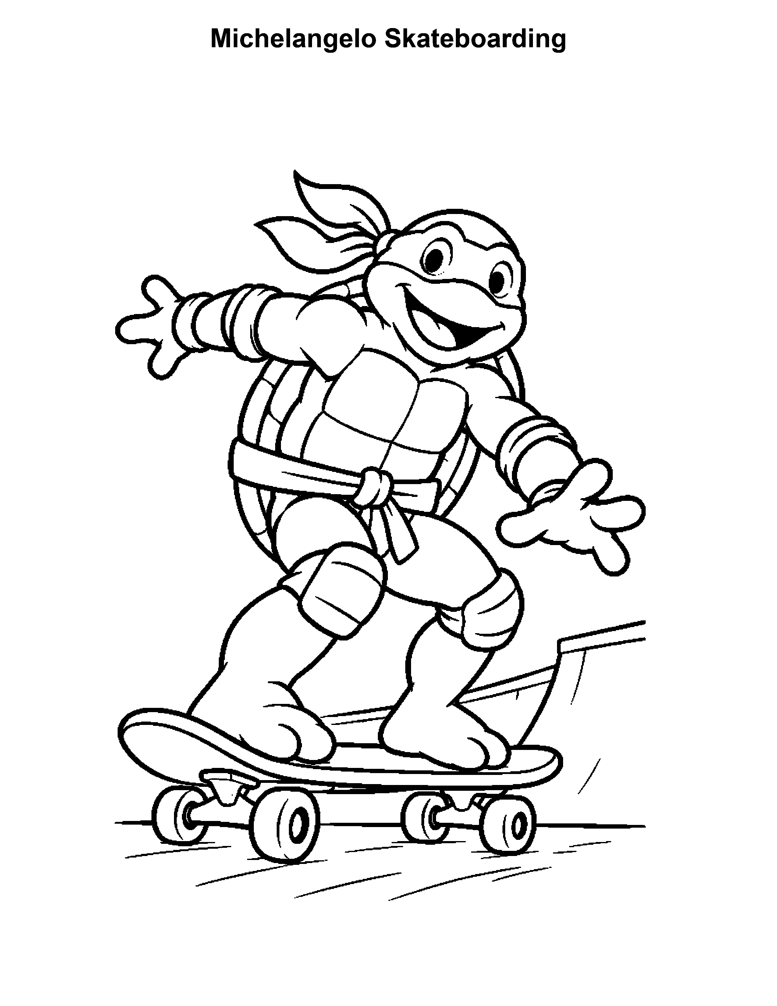 Free printable ninja turtle coloring page: Michelangelo Skateboarding, black and white