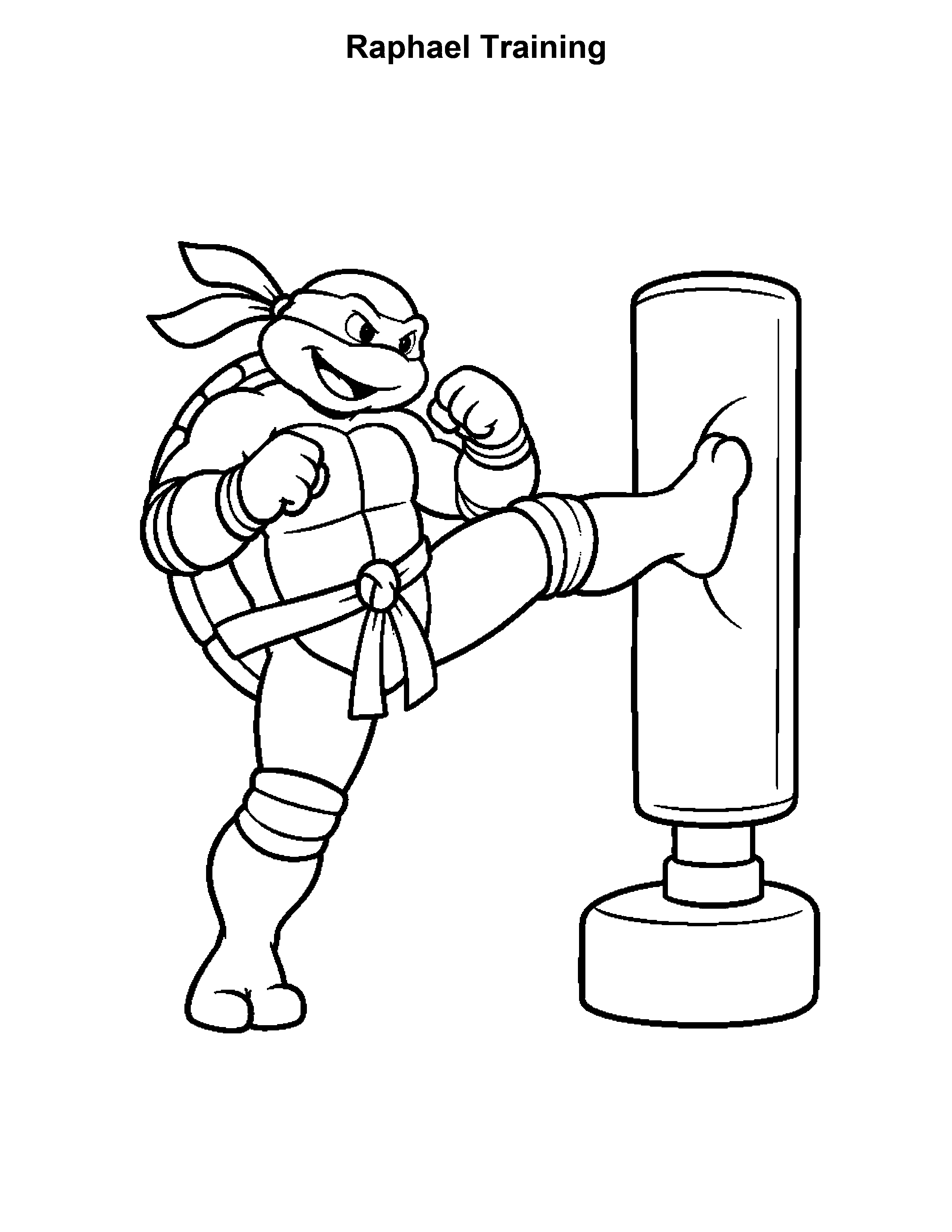 Free printable ninja turtle coloring page: Raphael Training, black and white
