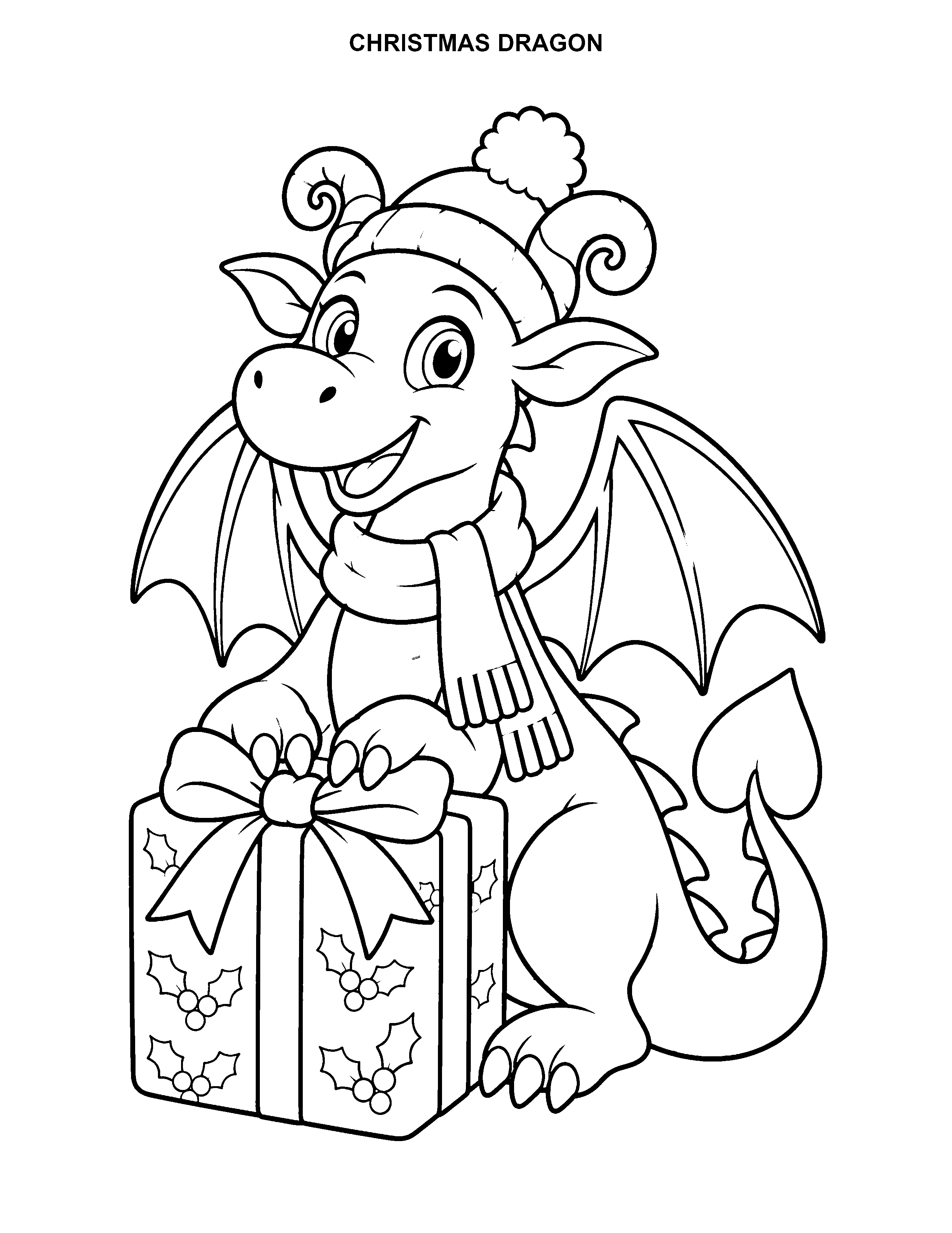 Christmas Dragon printable black-and-white coloring page