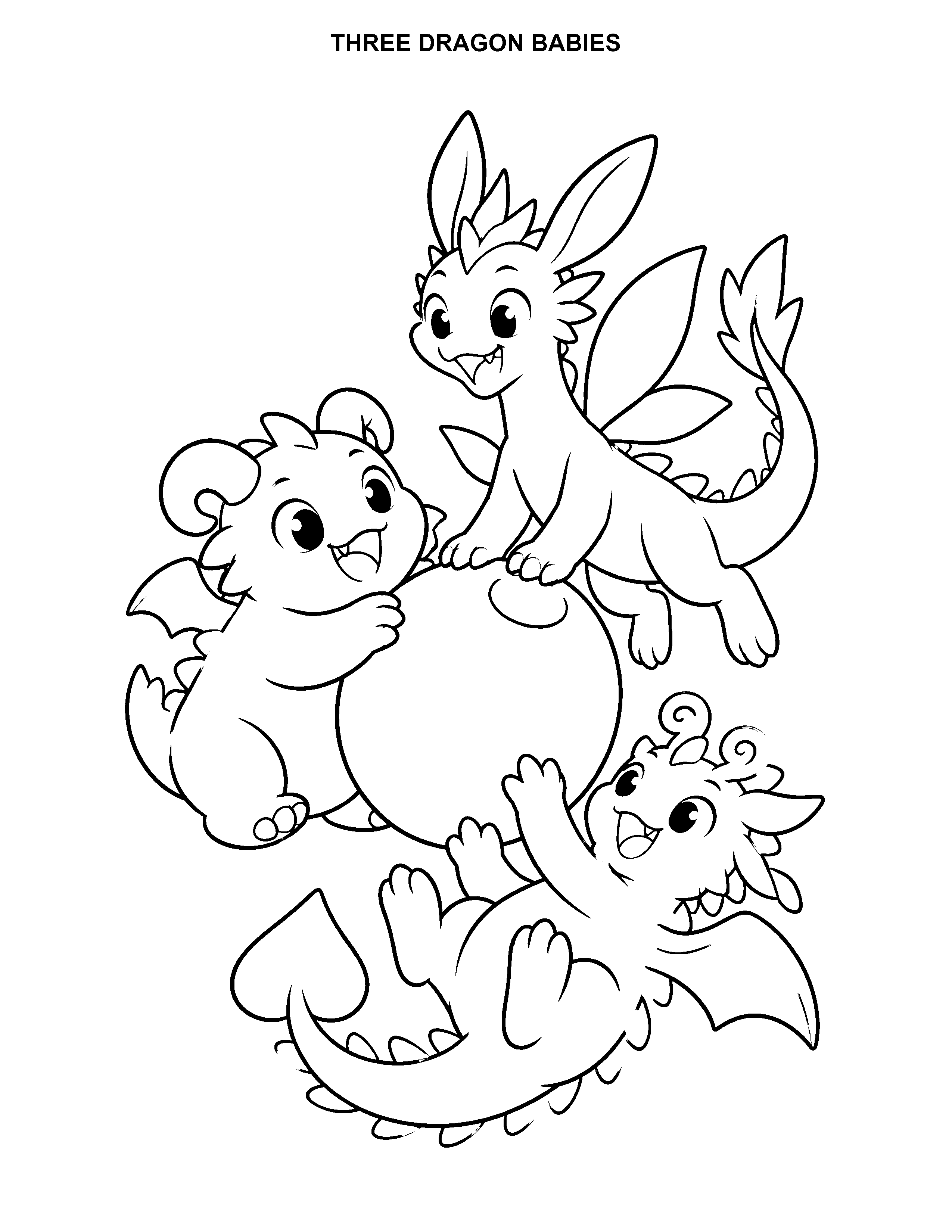 Three Dragon Babies printable black-and-white coloring page
