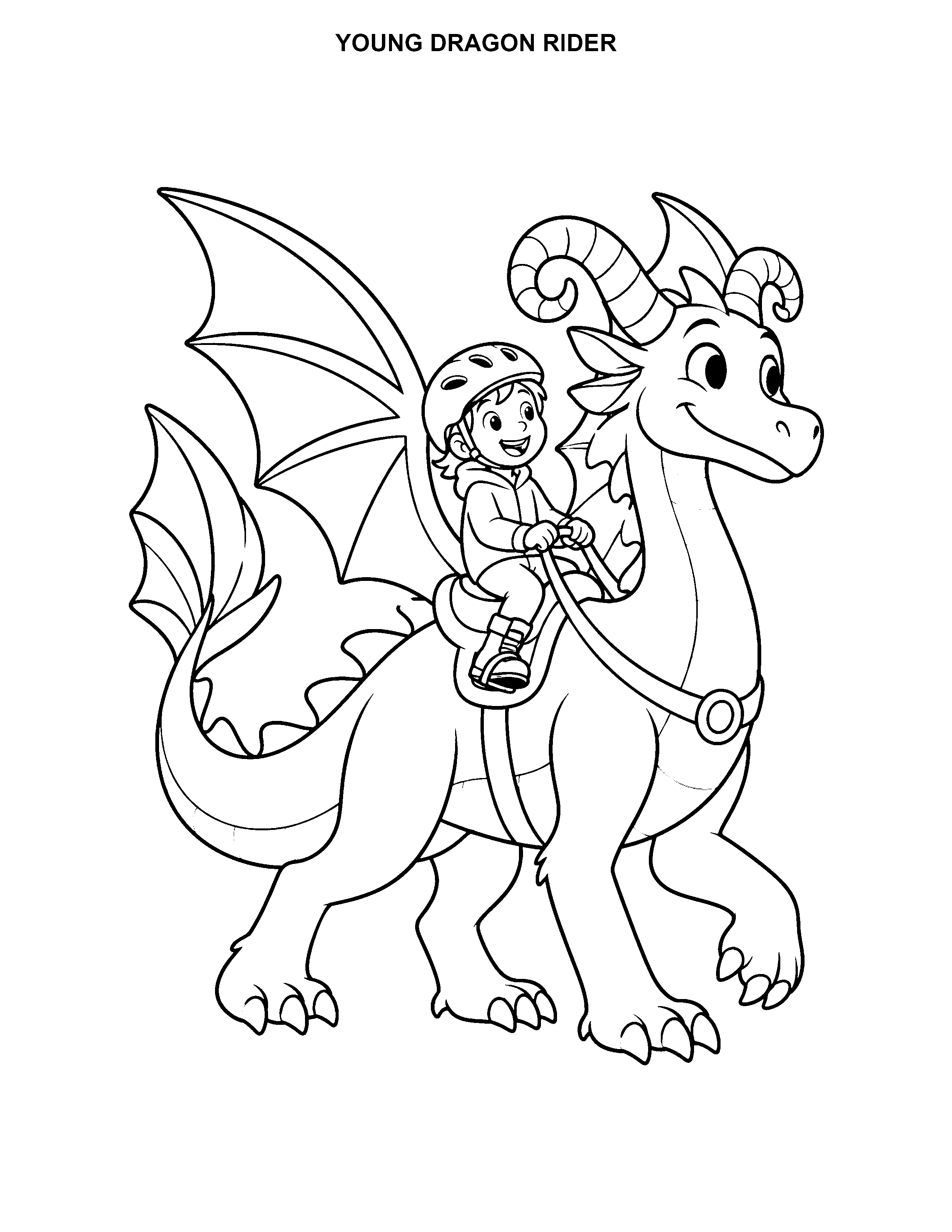 Young Dragon Rider printable black-and-white coloring page