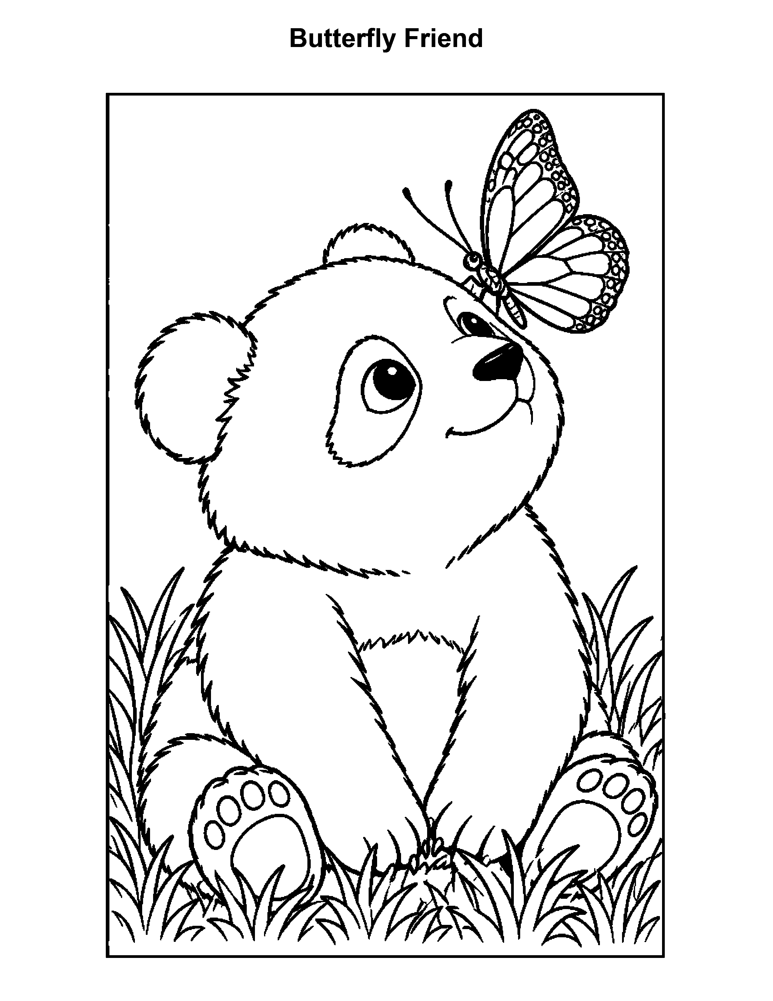 Free printable panda bear coloring page: Butterfly Friend, black and white