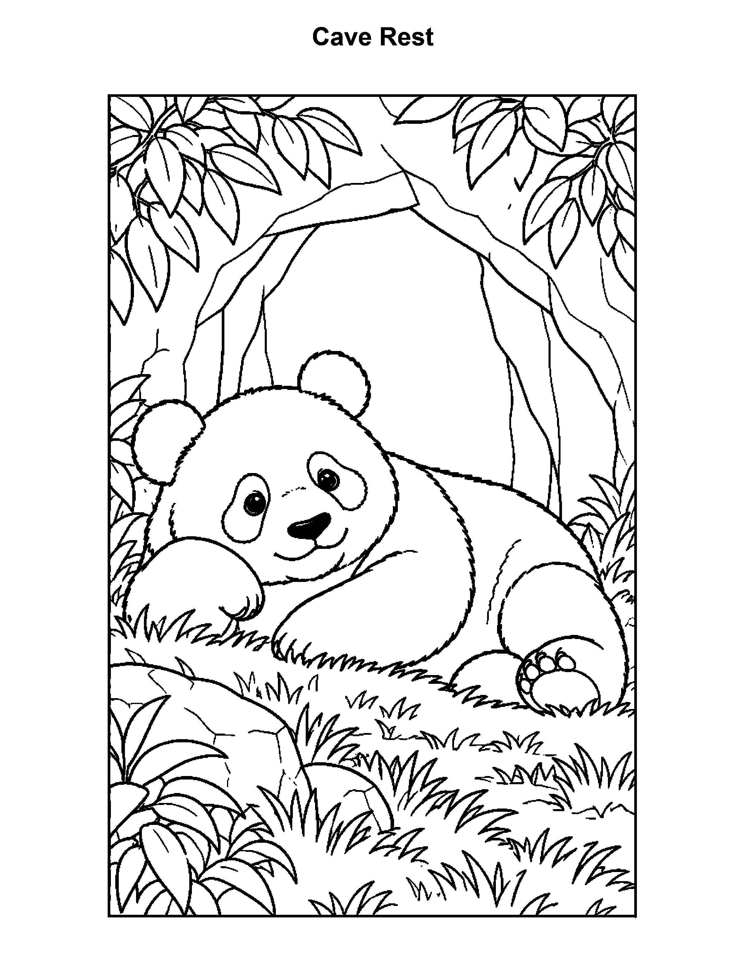 Free printable panda bear coloring page: Cave Rest, black and white