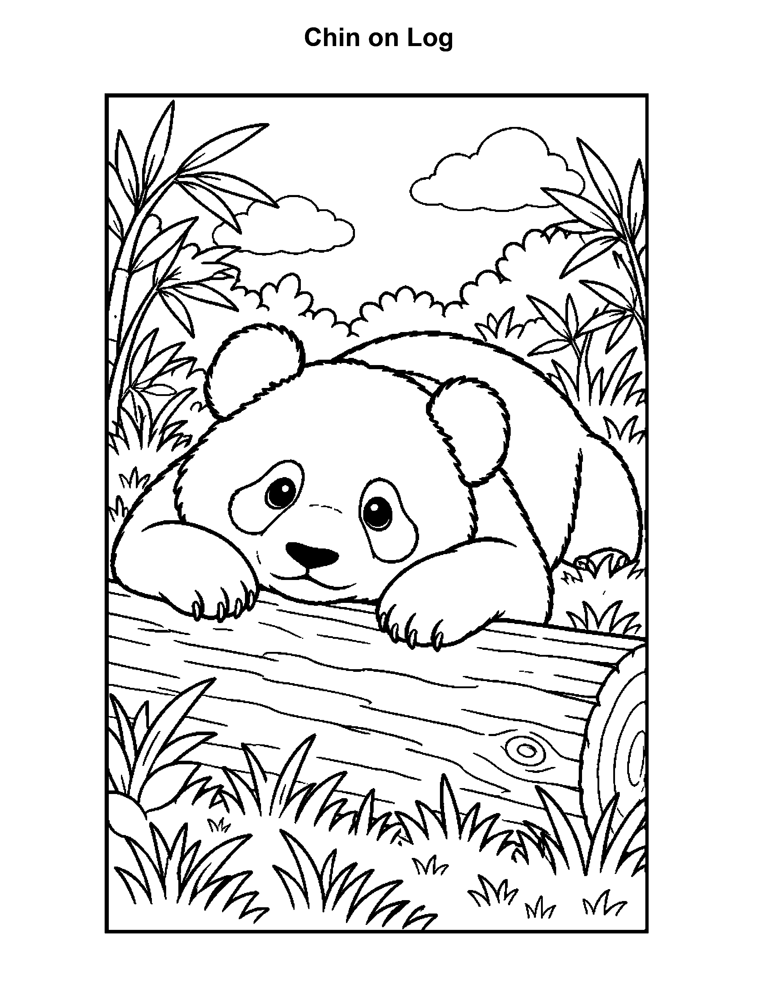 Free printable panda bear coloring page: Chin on Log, black and white