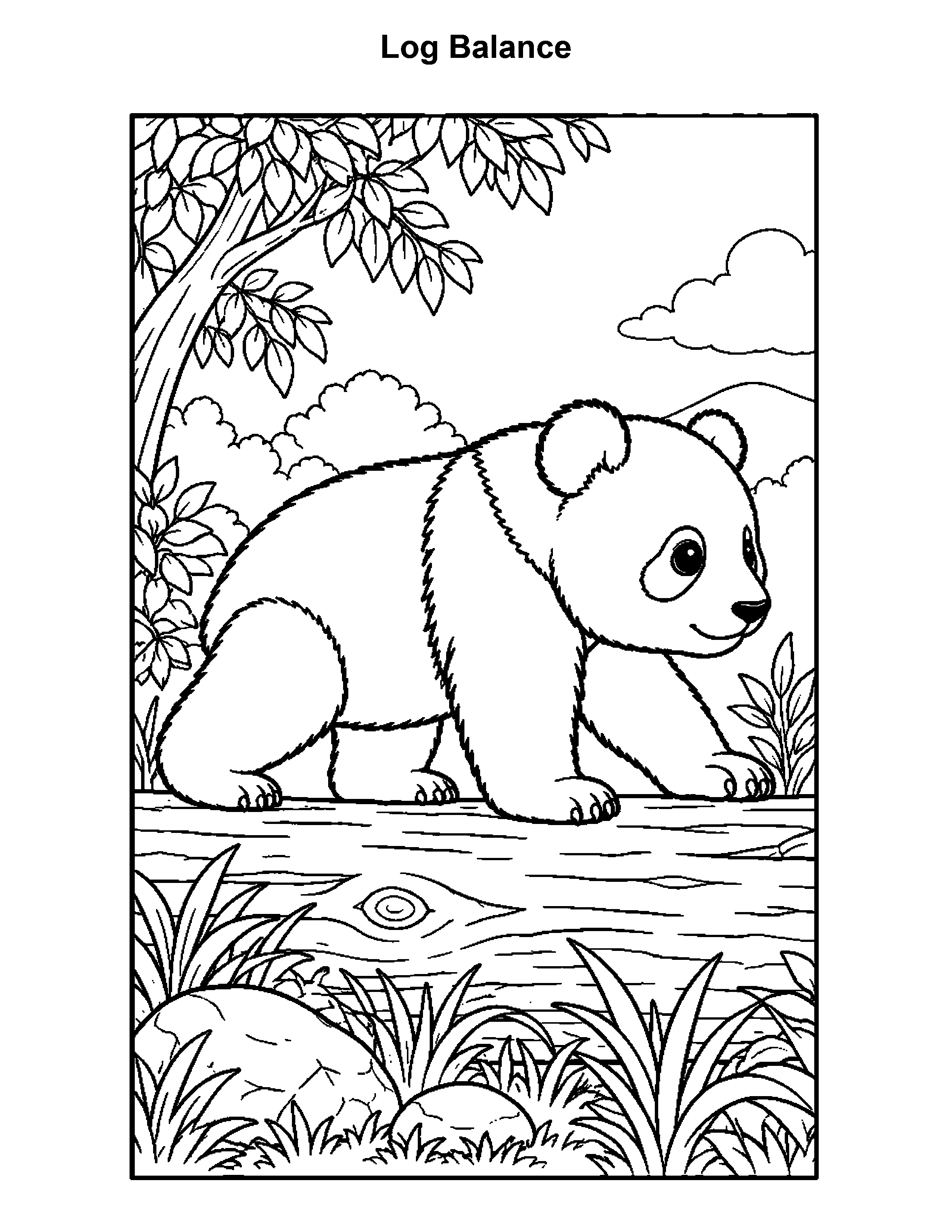 Free printable panda bear coloring page: Log Balance, black and white