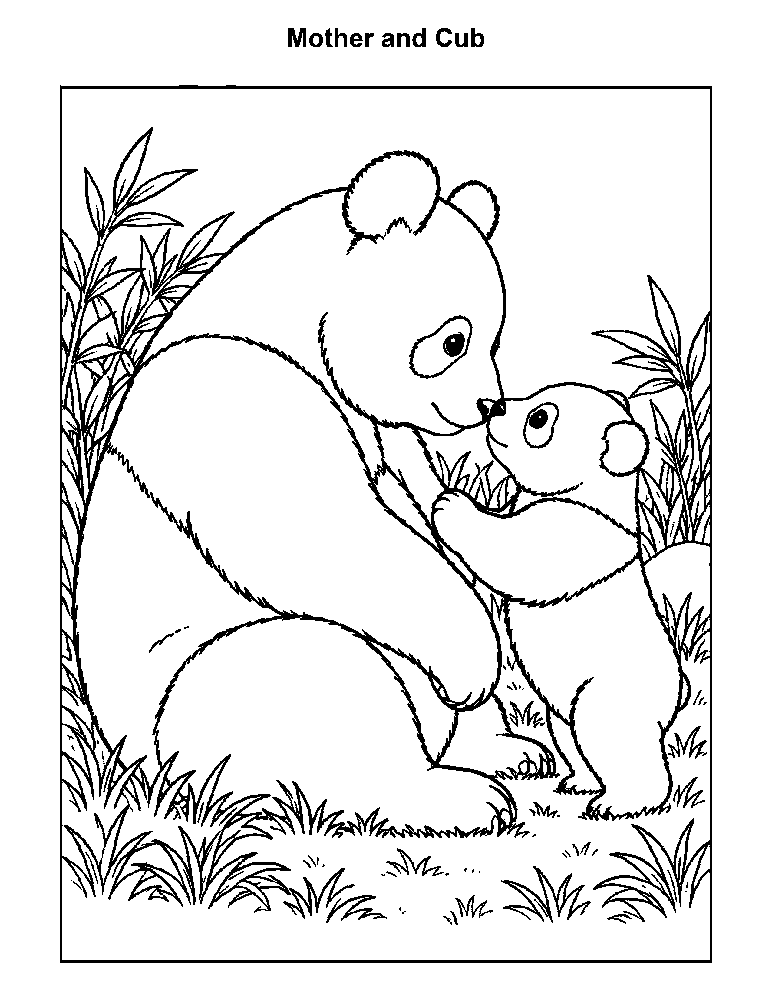 Free printable panda bear coloring page: Mother and Cub, black and white