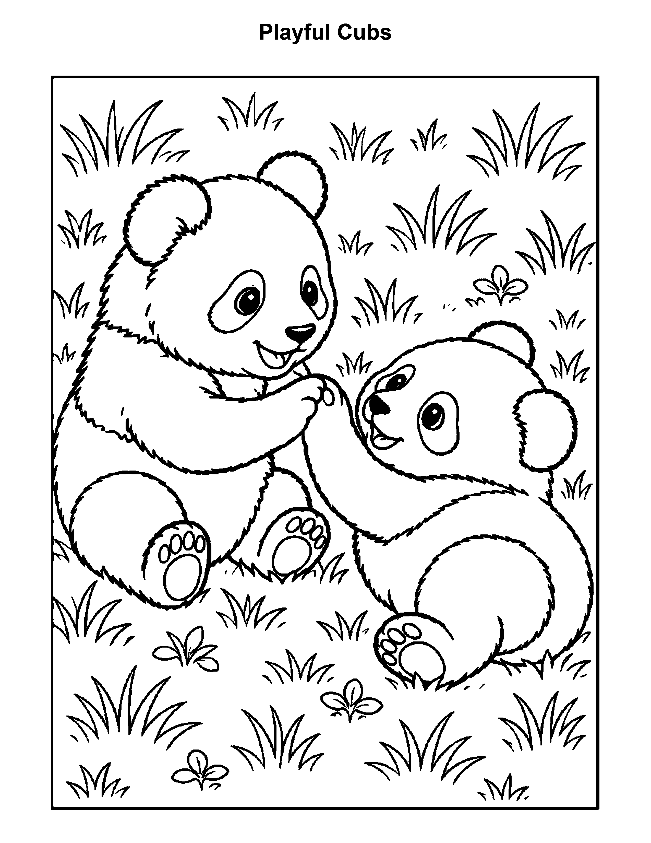Free printable panda bear coloring page: Playful Cubs, black and white