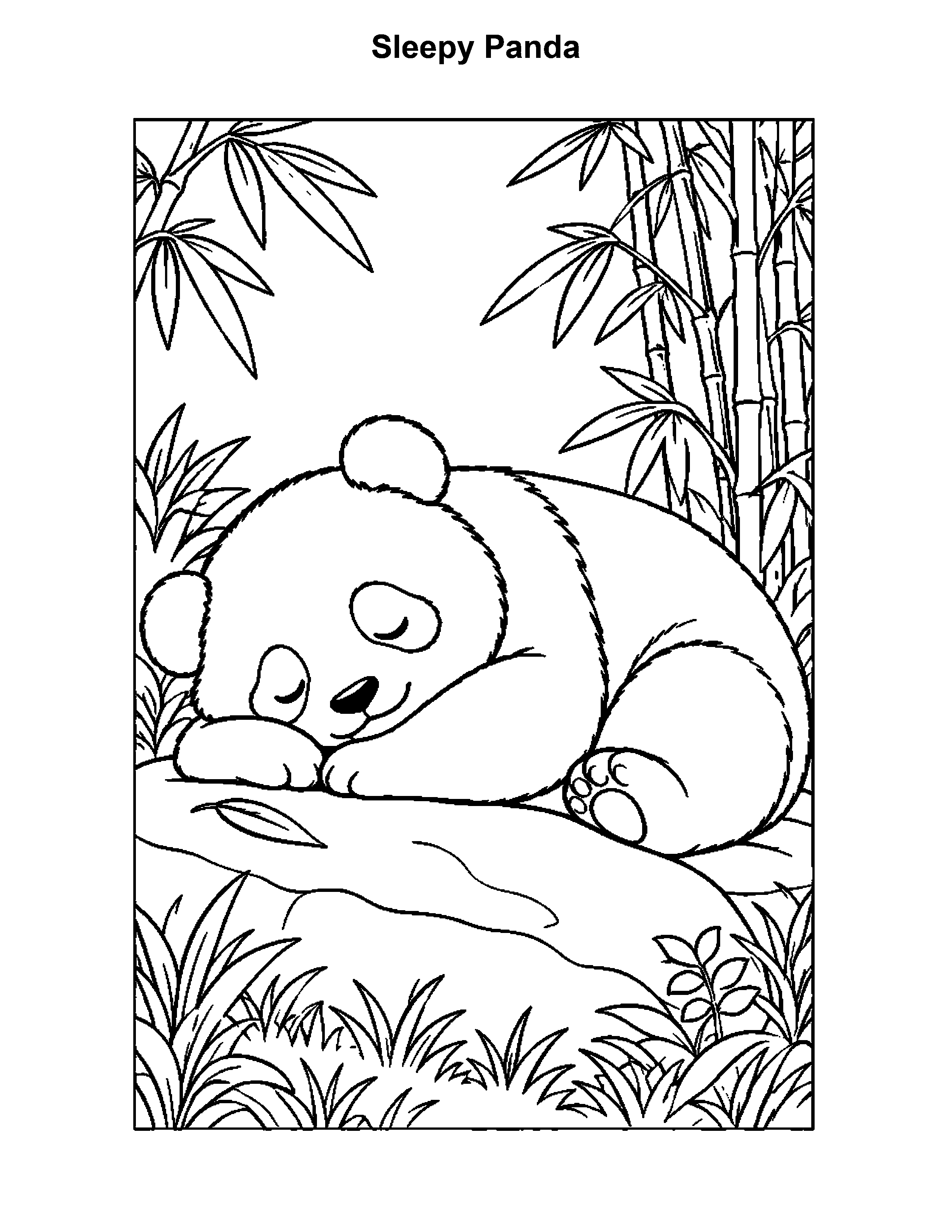 Free printable panda bear coloring page: Sleepy Panda, black and white