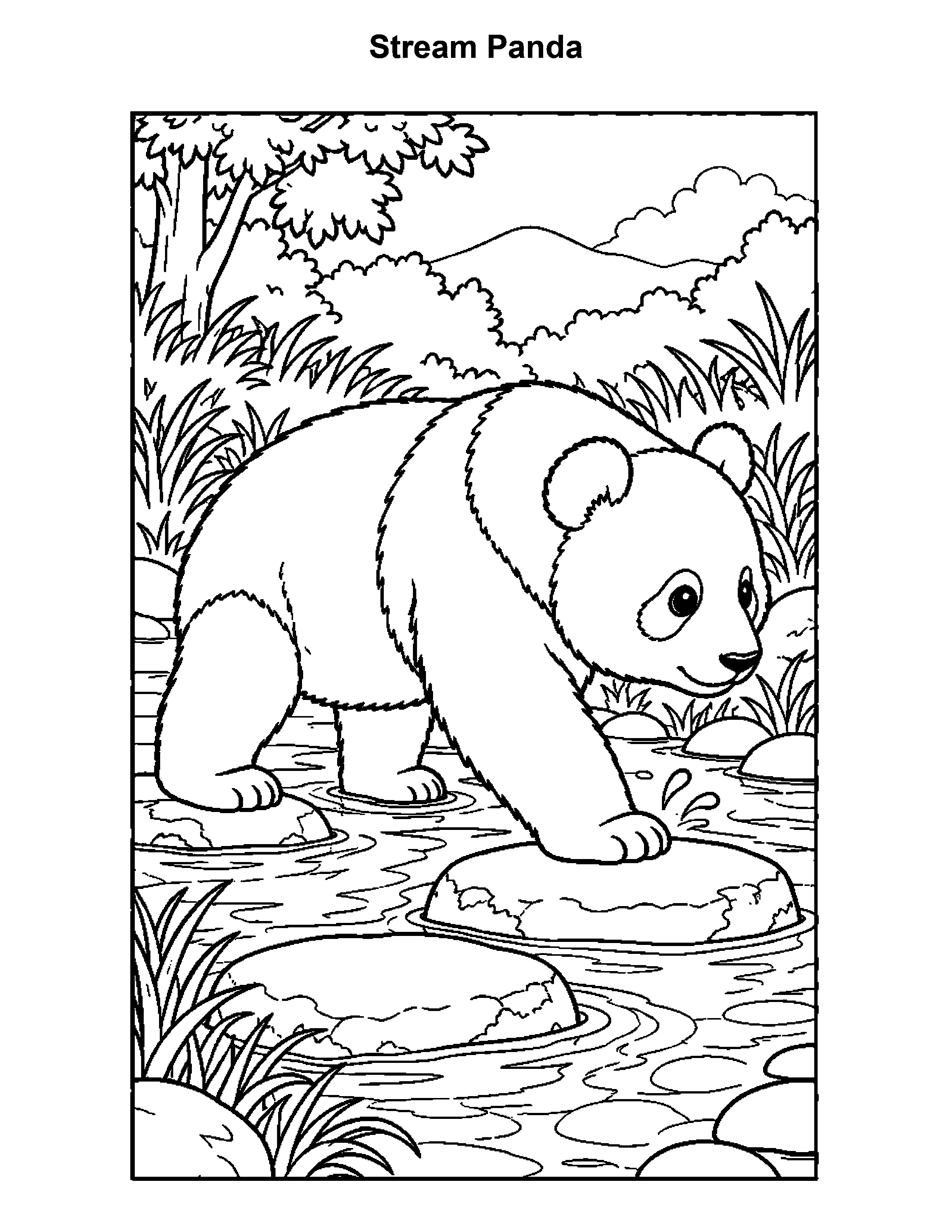 Free printable panda bear coloring page: Stream Panda, black and white
