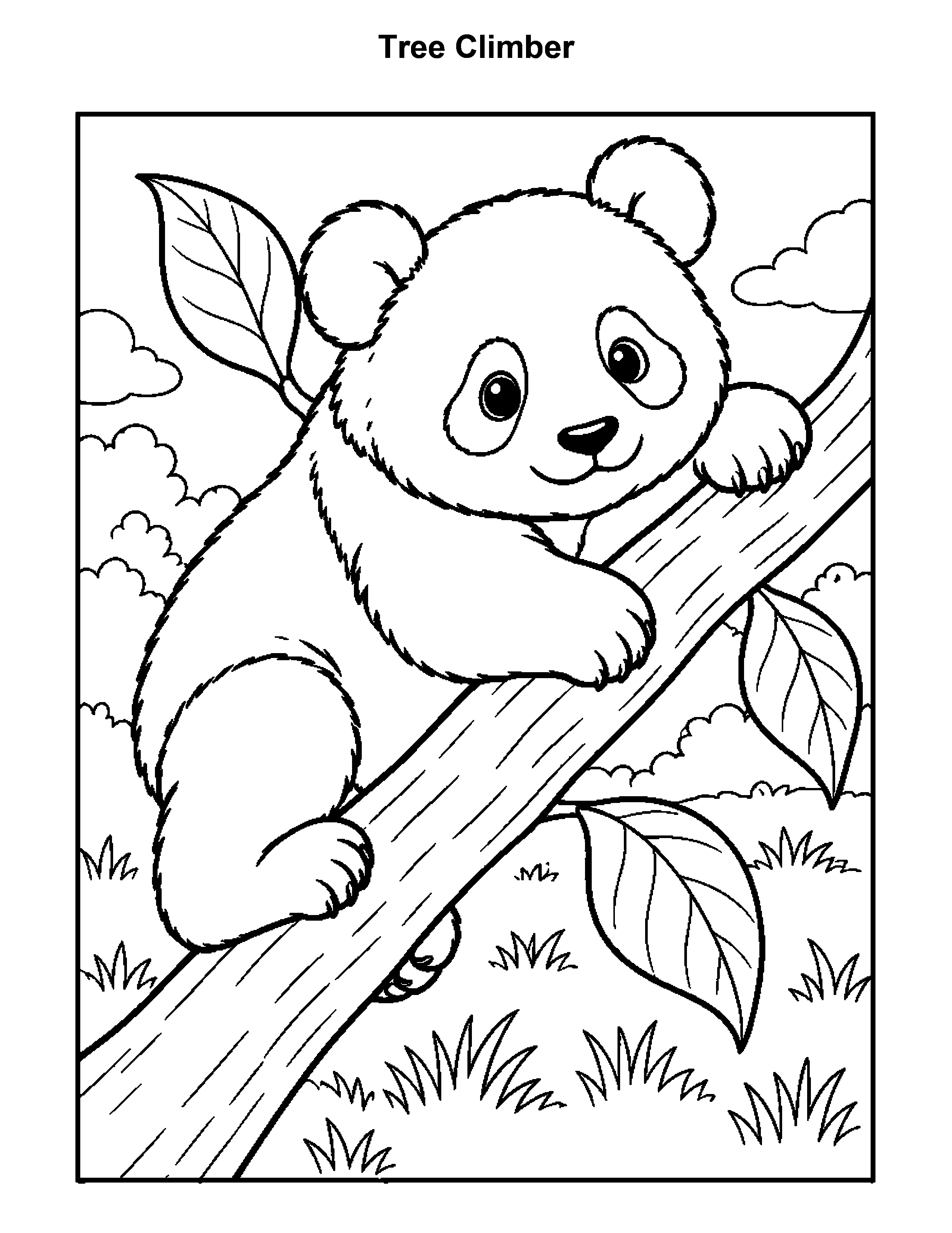 Free printable panda bear coloring page: Tree Climber, black and white
