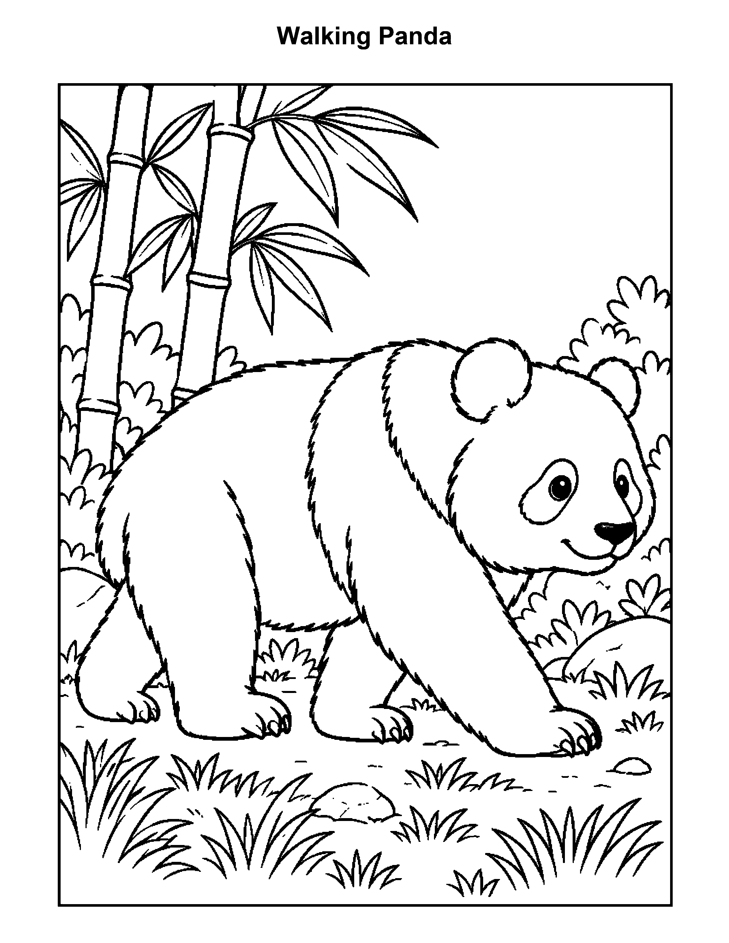 Free printable panda bear coloring page: Walking Panda, black and white