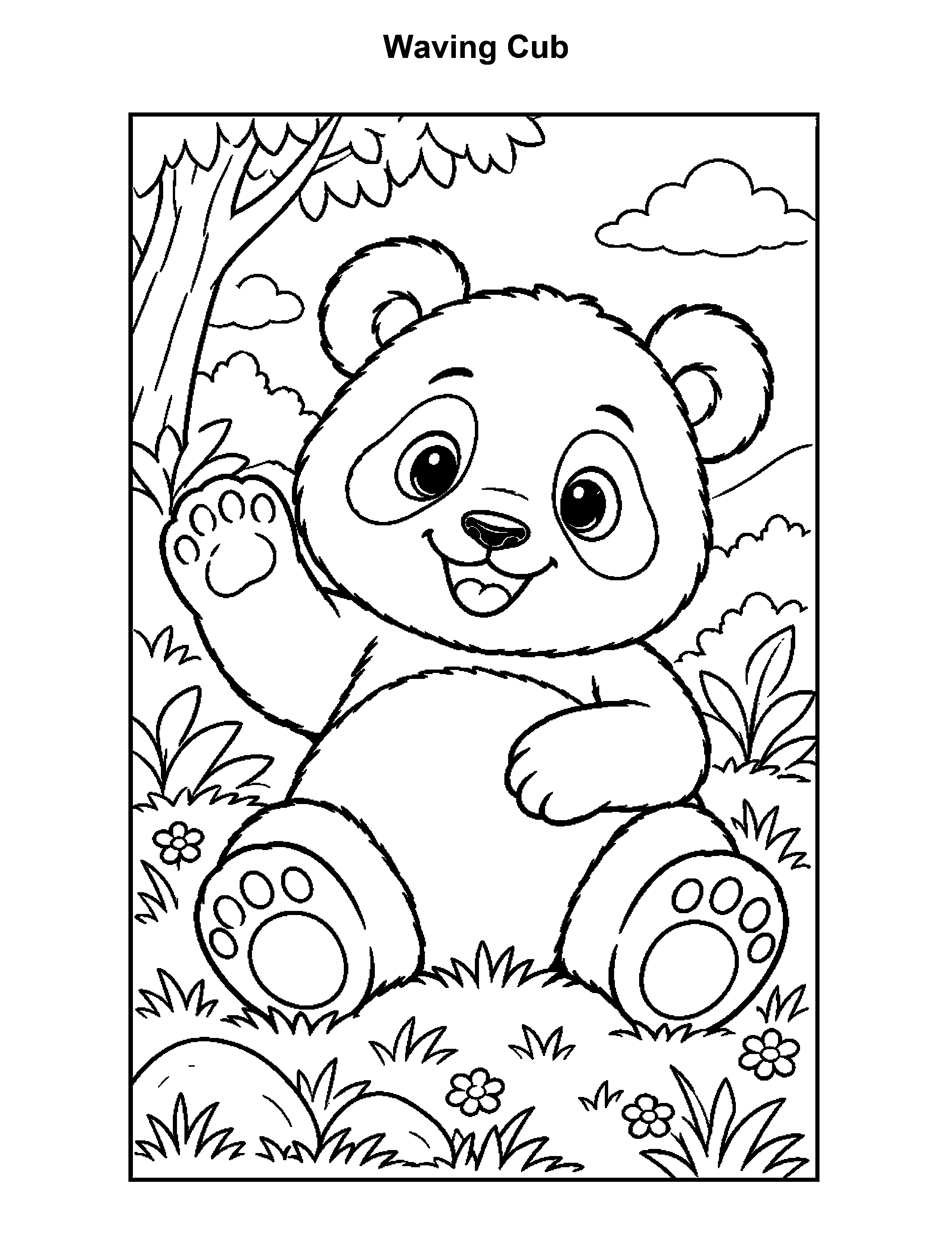 Free printable panda bear coloring page: Waving Cub, black and white