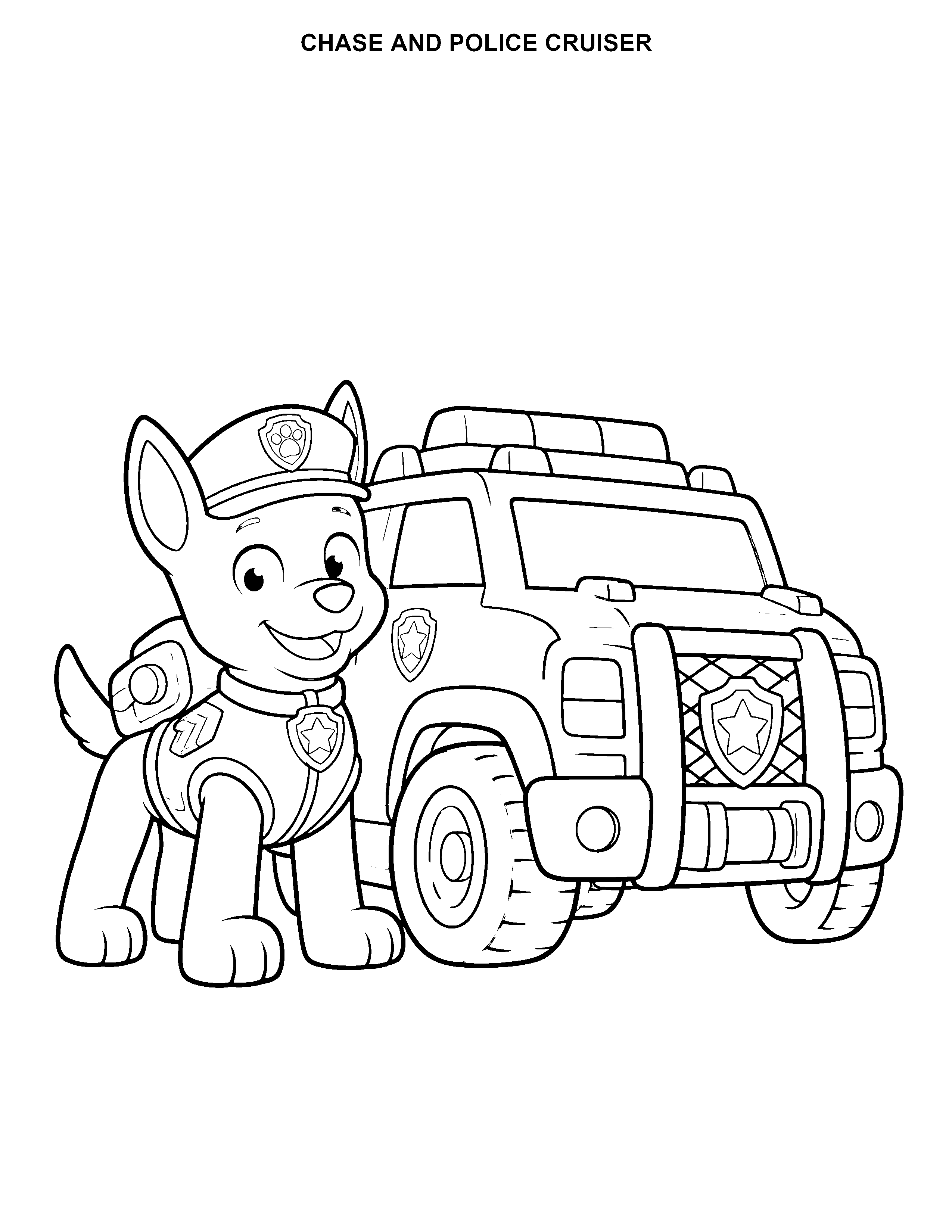 Chase and Police Cruiser printable black-and-white coloring page