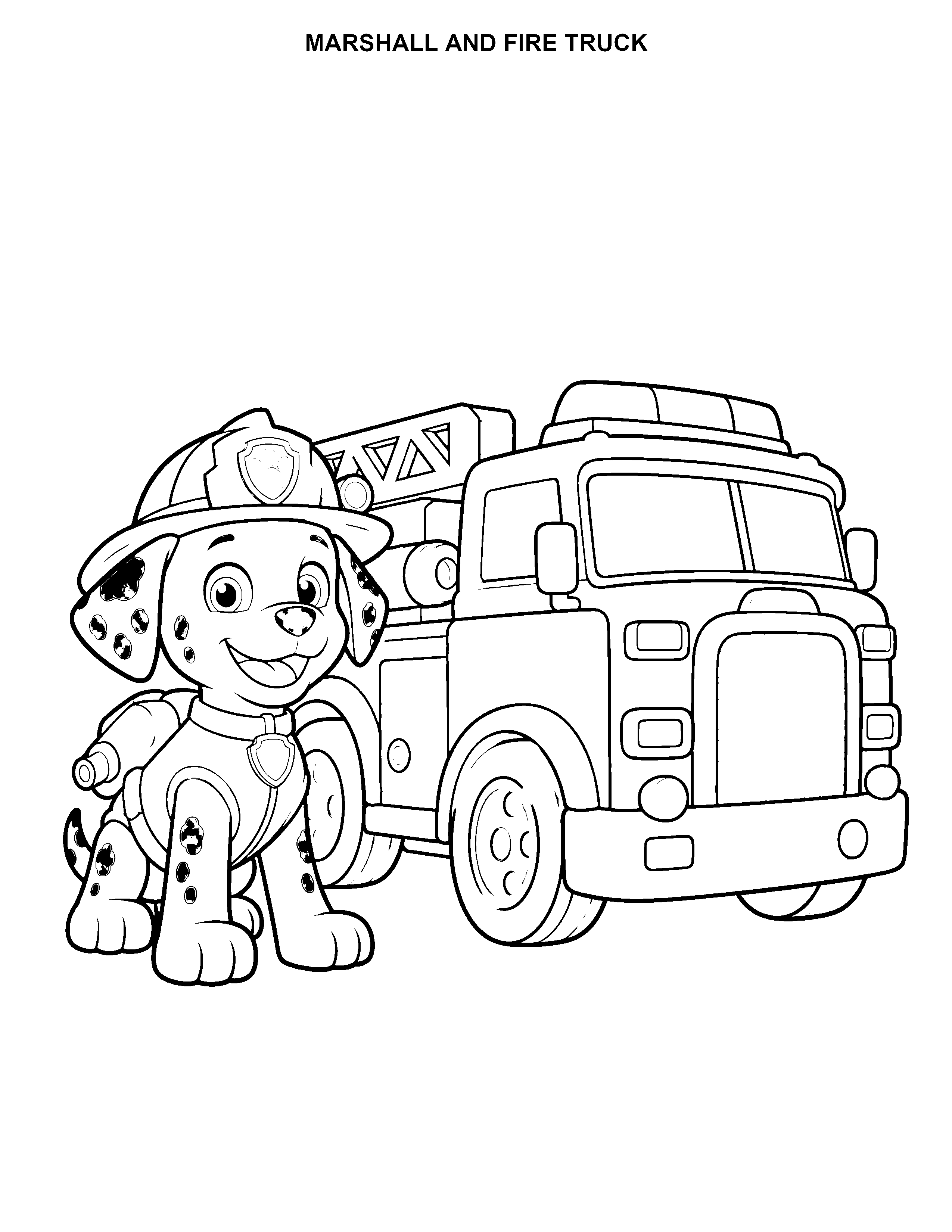 Marshall and Fire Truck printable black-and-white coloring page
