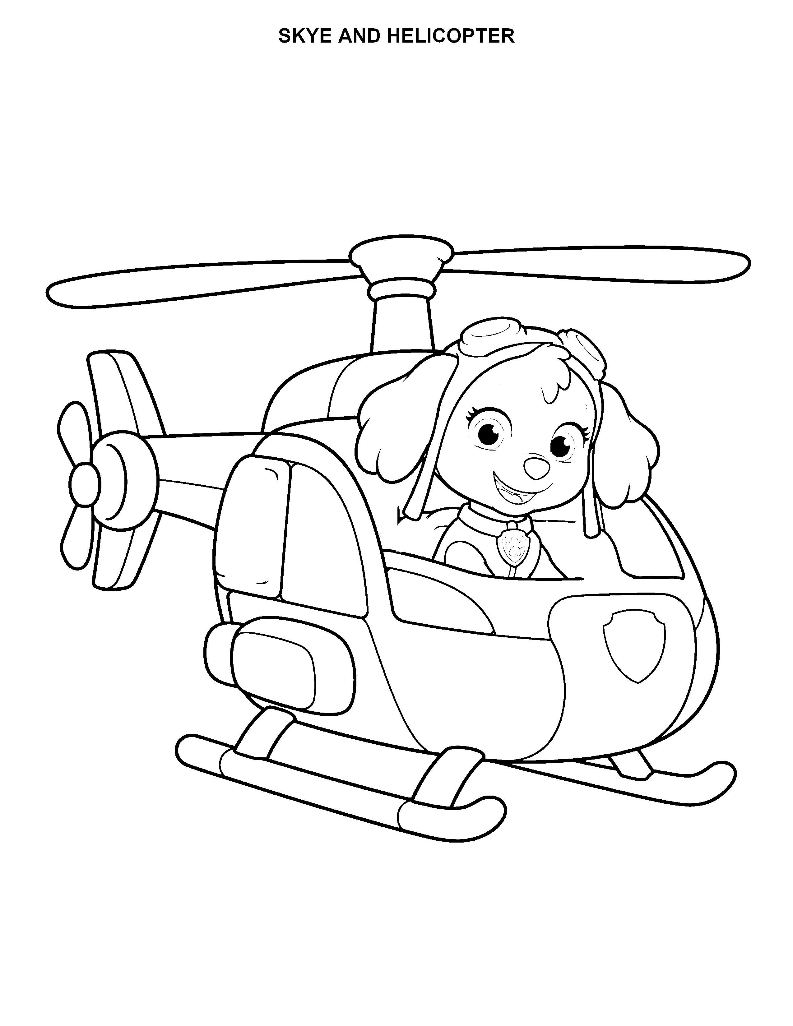 Skye and Helicopter printable black-and-white coloring page