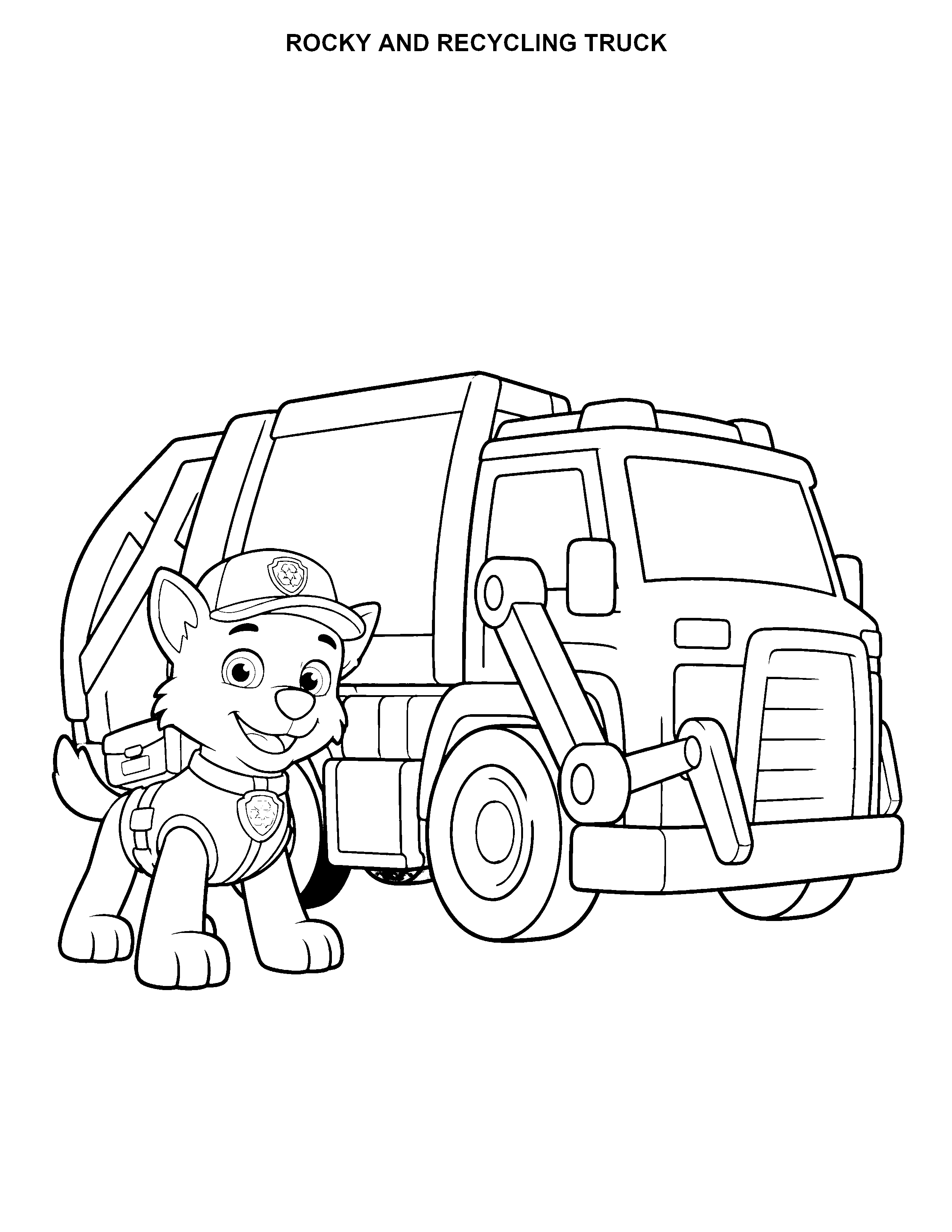 Rocky and Recycling Truck printable black-and-white coloring page