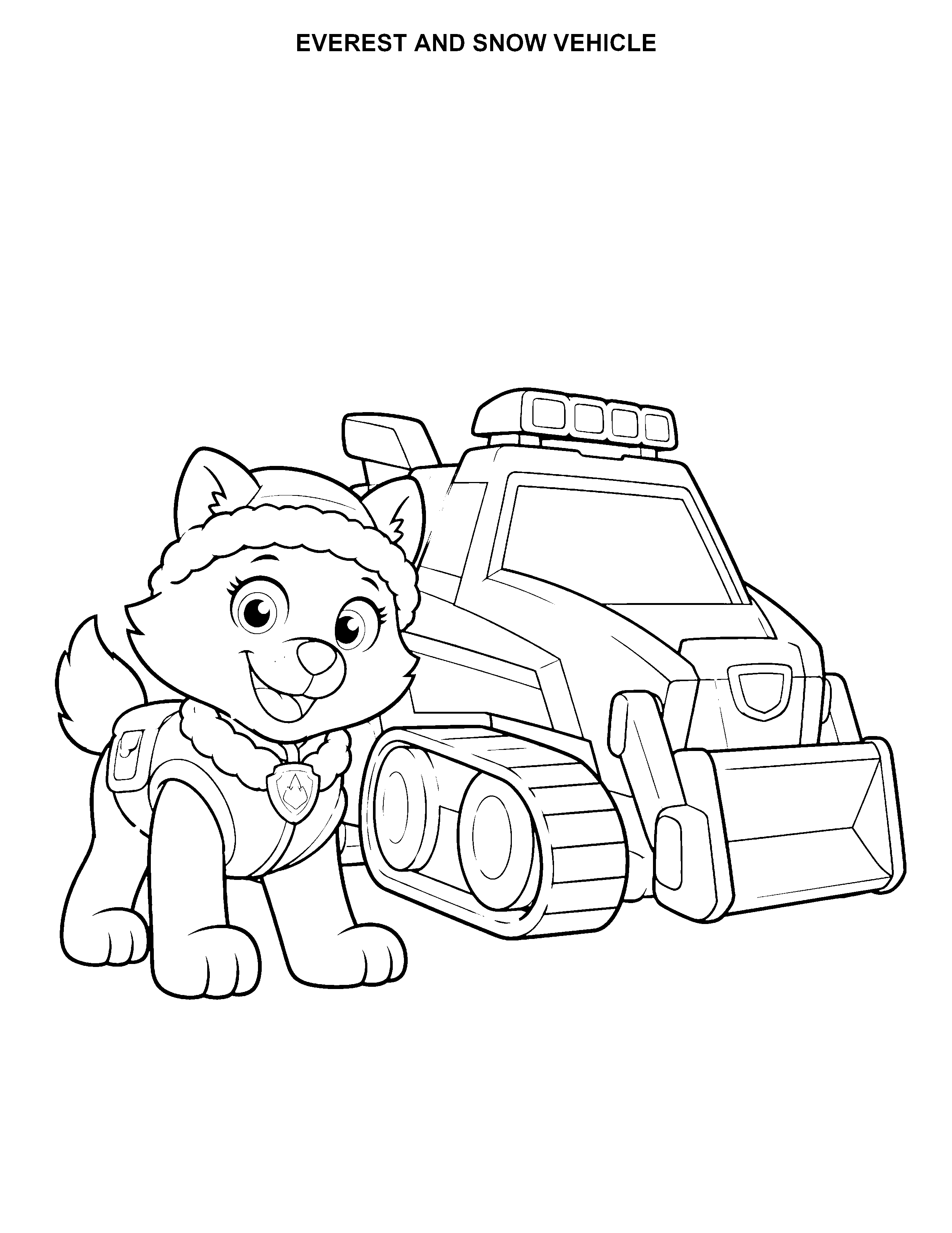 Everest and Snow Vehicle printable black-and-white coloring page