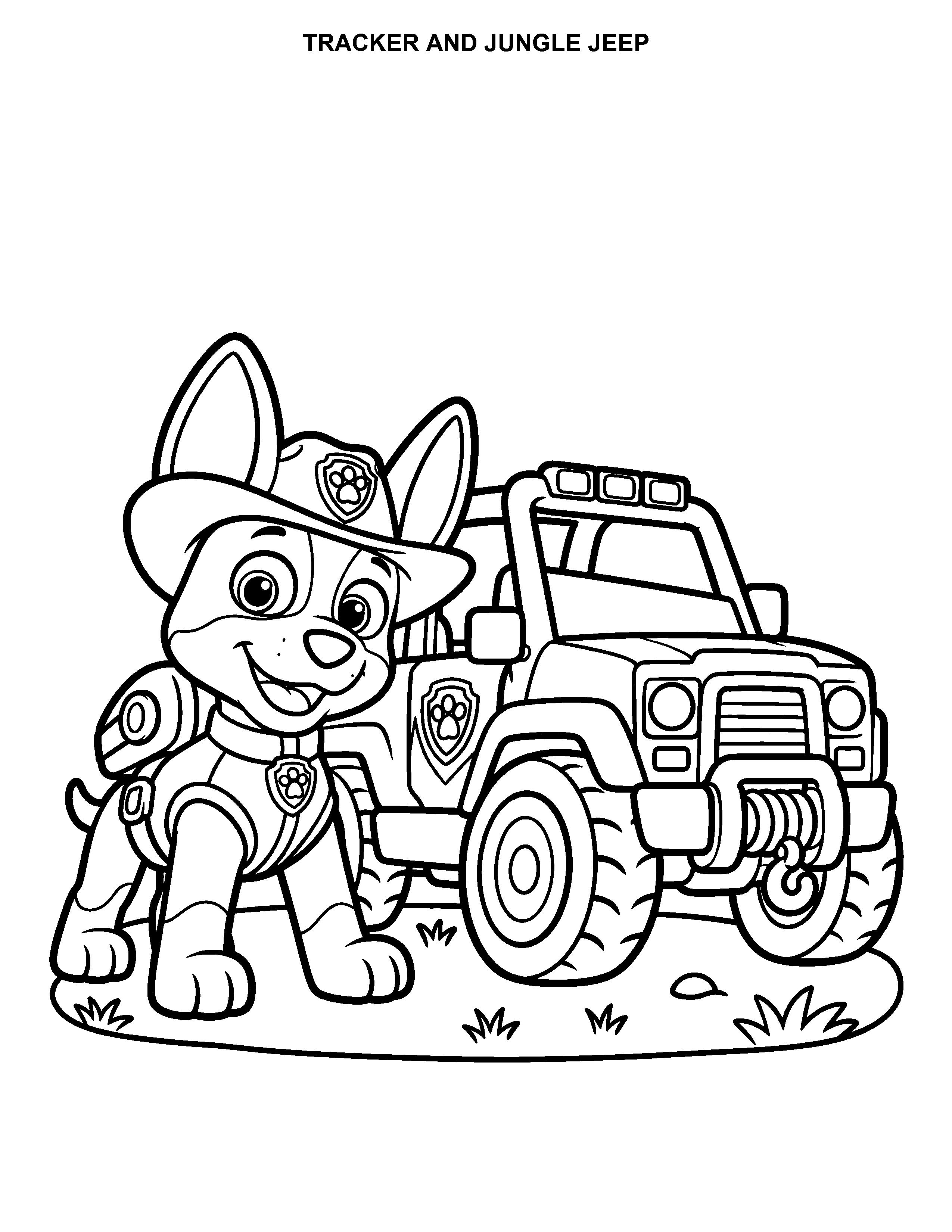 Tracker and Jungle Jeep printable black-and-white coloring page