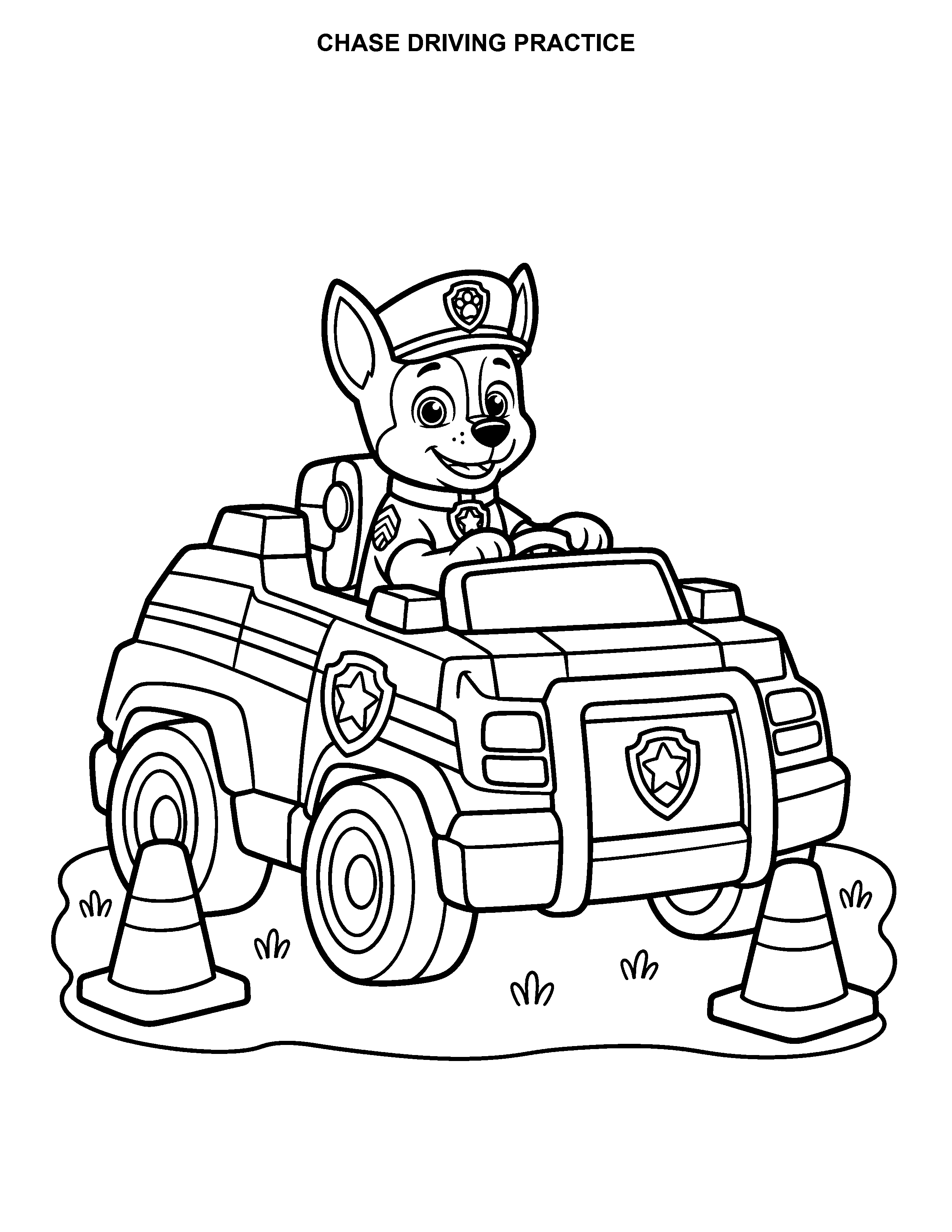 Chase Driving Practice printable black-and-white coloring page
