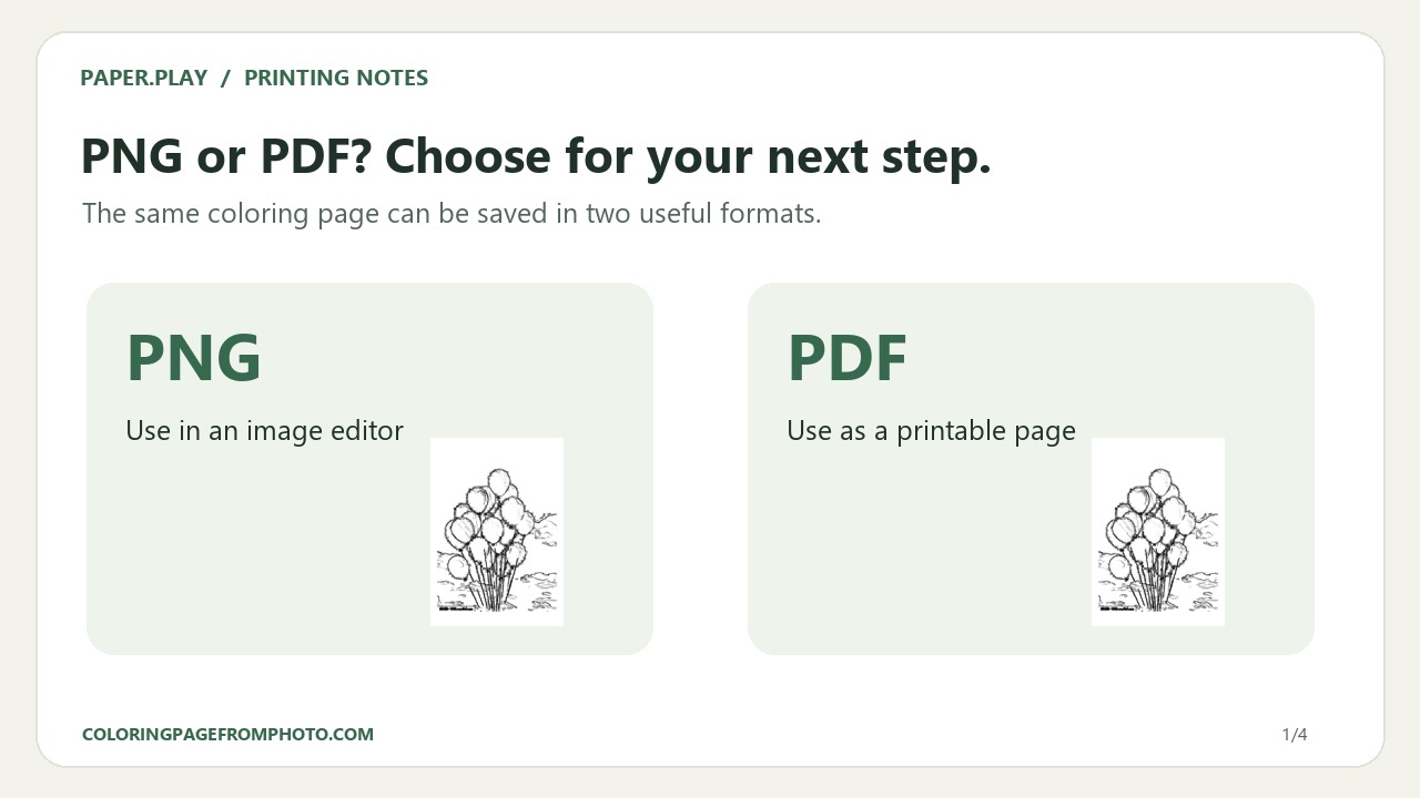 PNG for an image editor, PDF for a printable page: two routes for the same coloring page