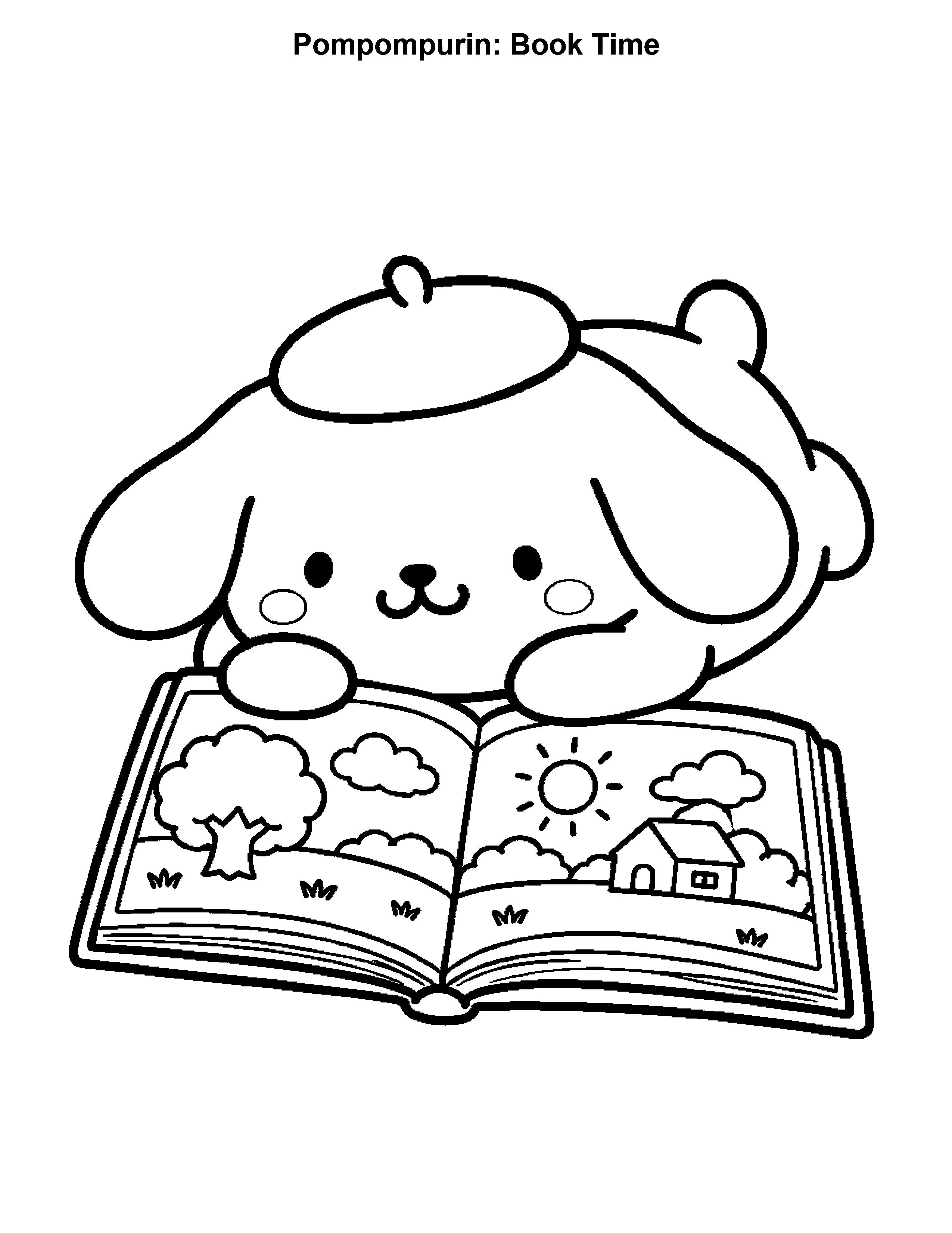 Pompompurin Book Time, black-and-white printable coloring page