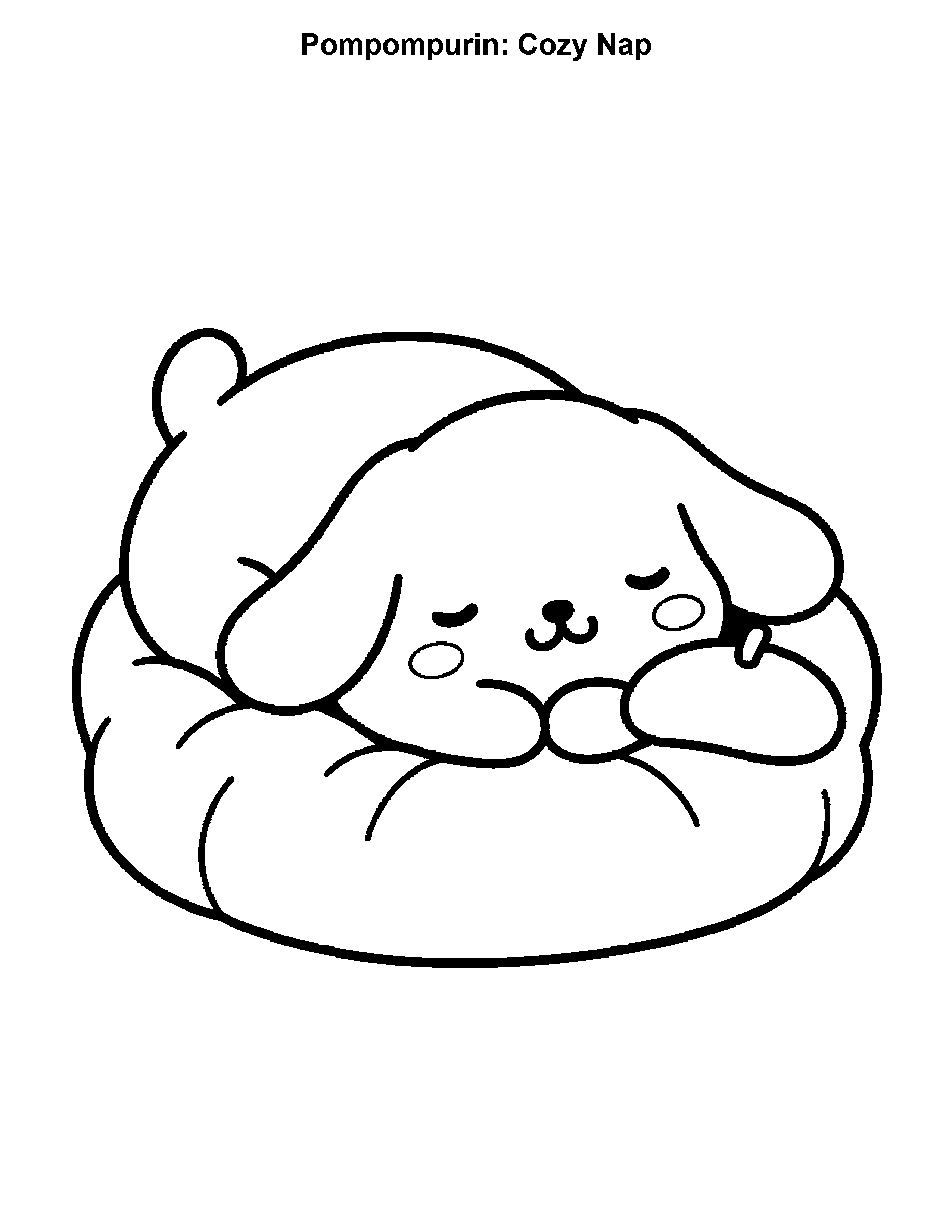 Pompompurin Cozy Nap, black-and-white printable coloring page